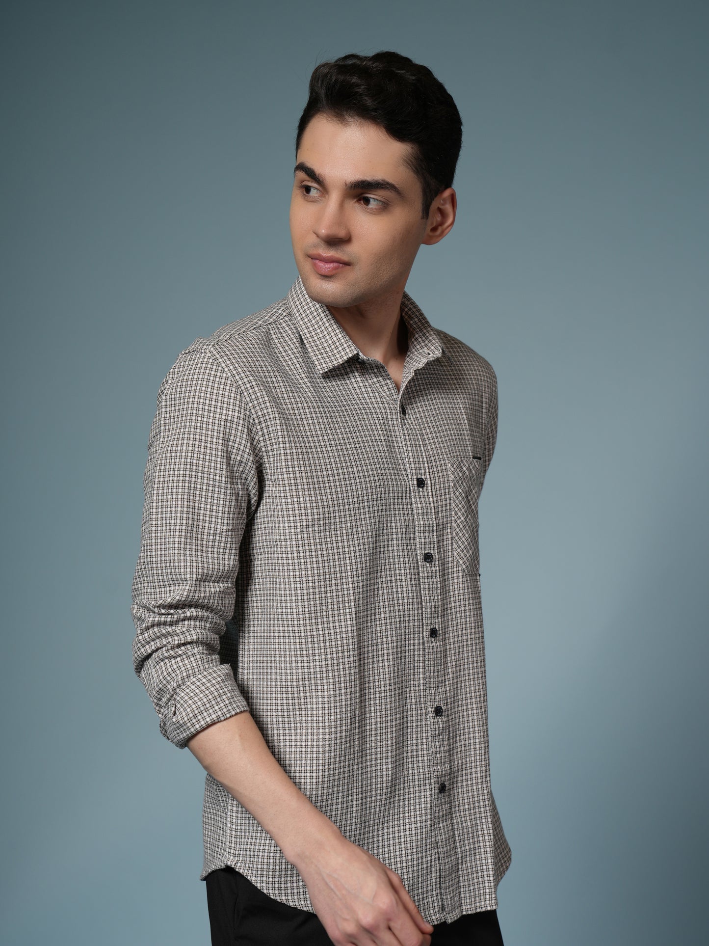 Men’s Beige Micro Check Long Sleeve Casual Shirt