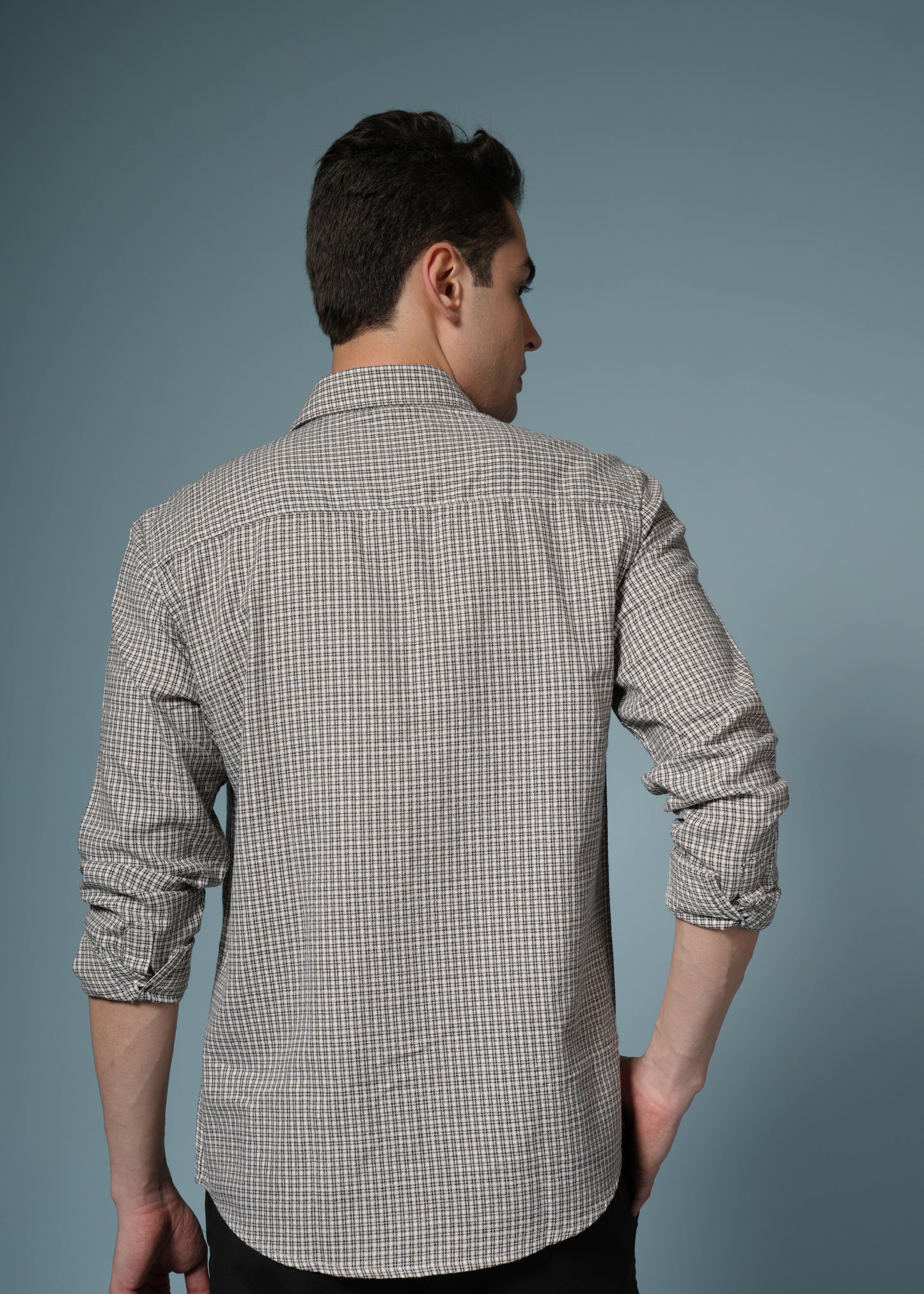 Men’s Beige Micro Check Long Sleeve Casual Shirt