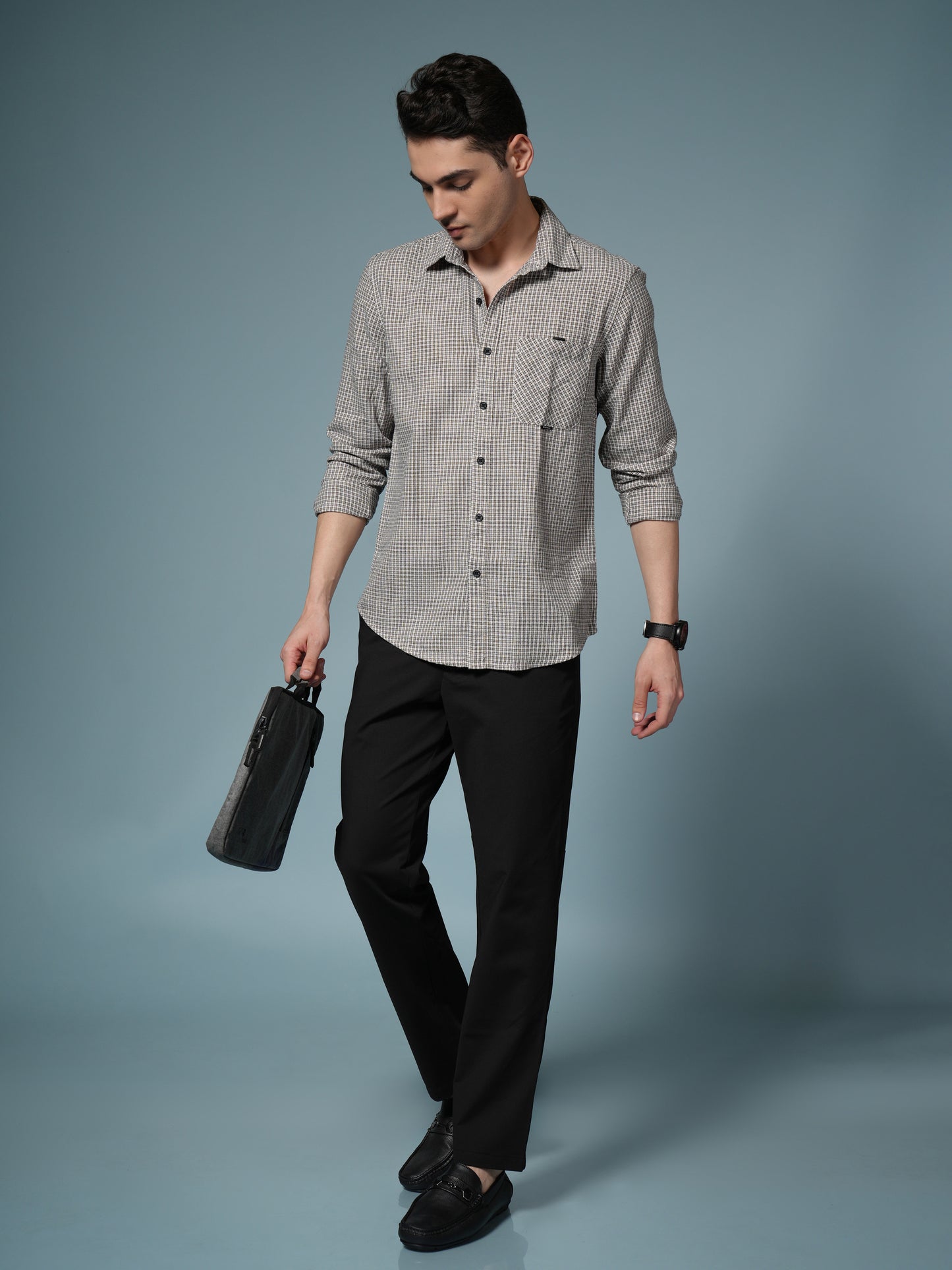 Men’s Beige Micro Check Long Sleeve Casual Shirt