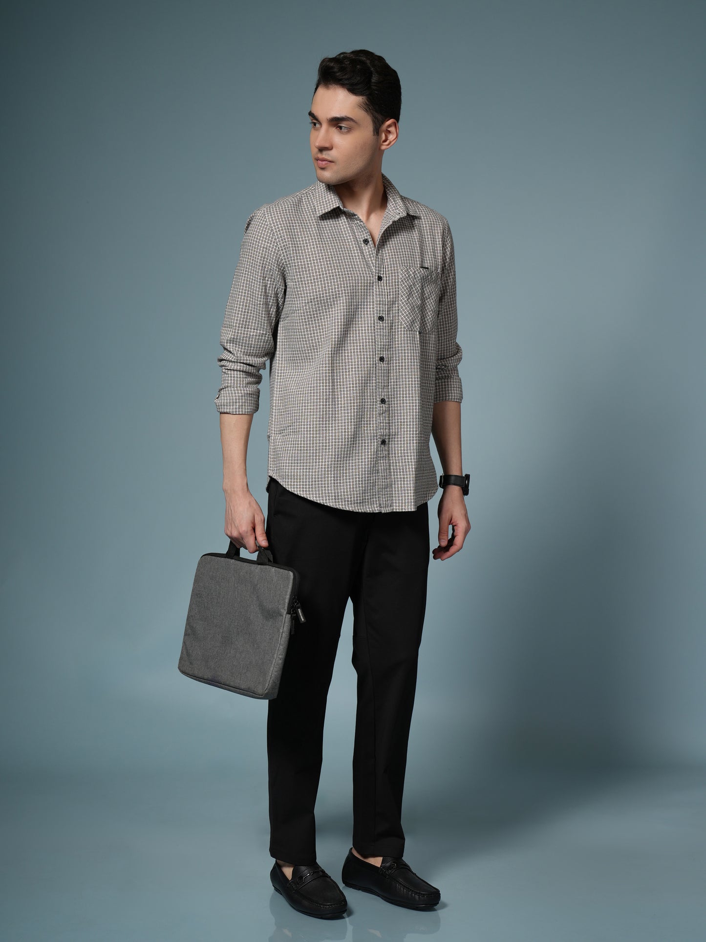 Men’s Beige Micro Check Long Sleeve Casual Shirt