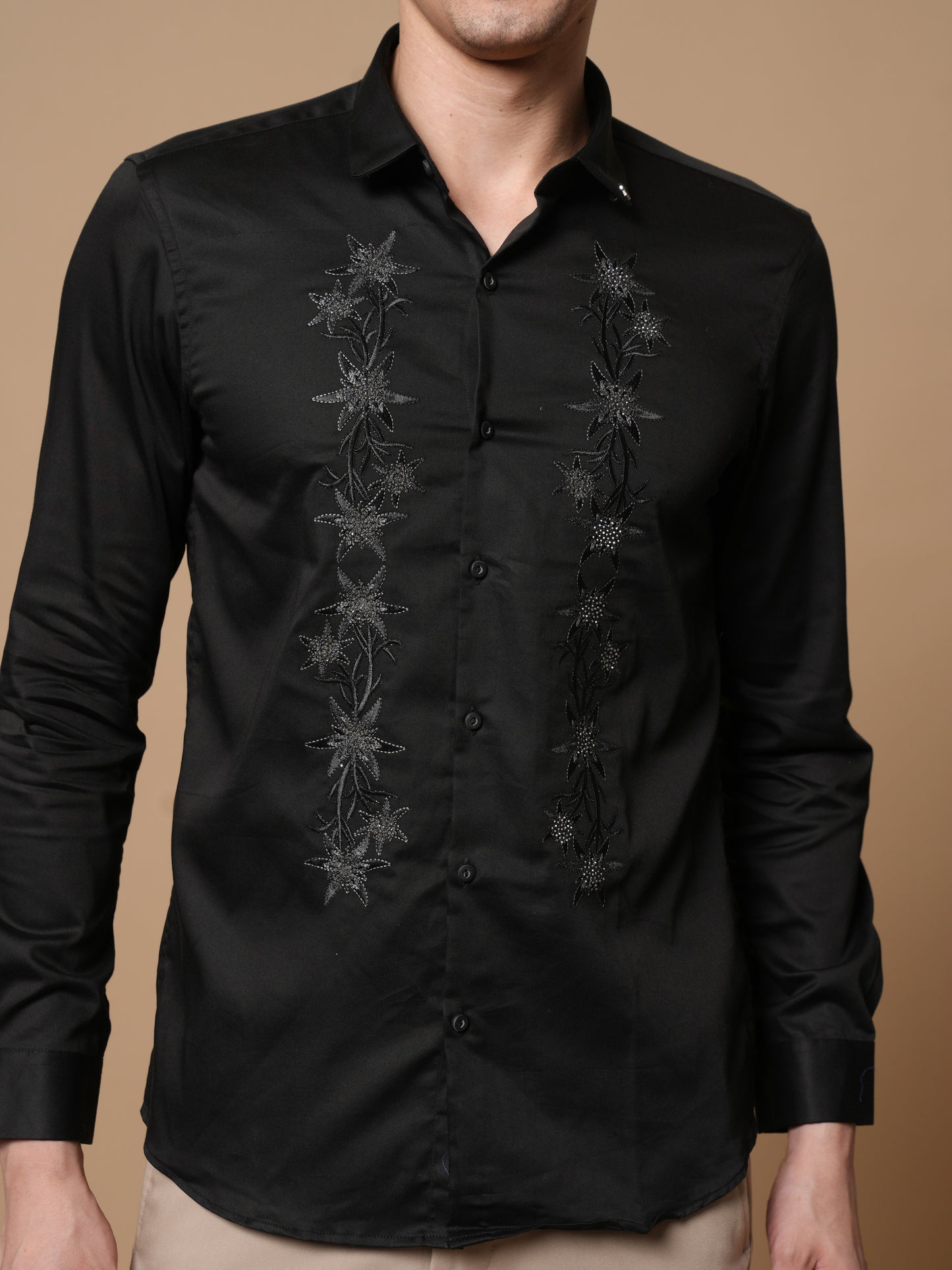 Men’s Black Embroidered Front Panel Casual Shirt