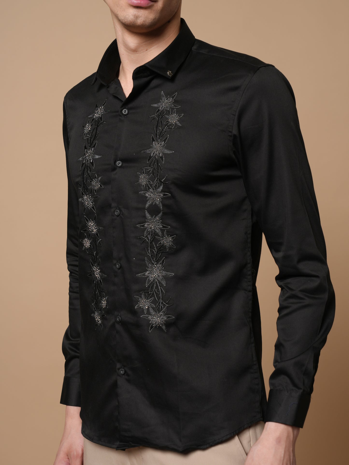 Men’s Black Embroidered Front Panel Casual Shirt