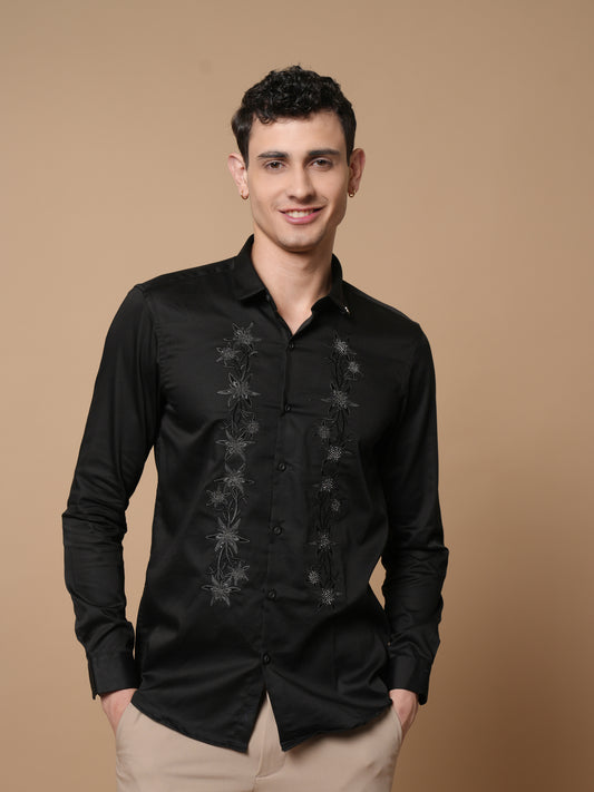 Men’s Black Embroidered Front Panel Casual Shirt