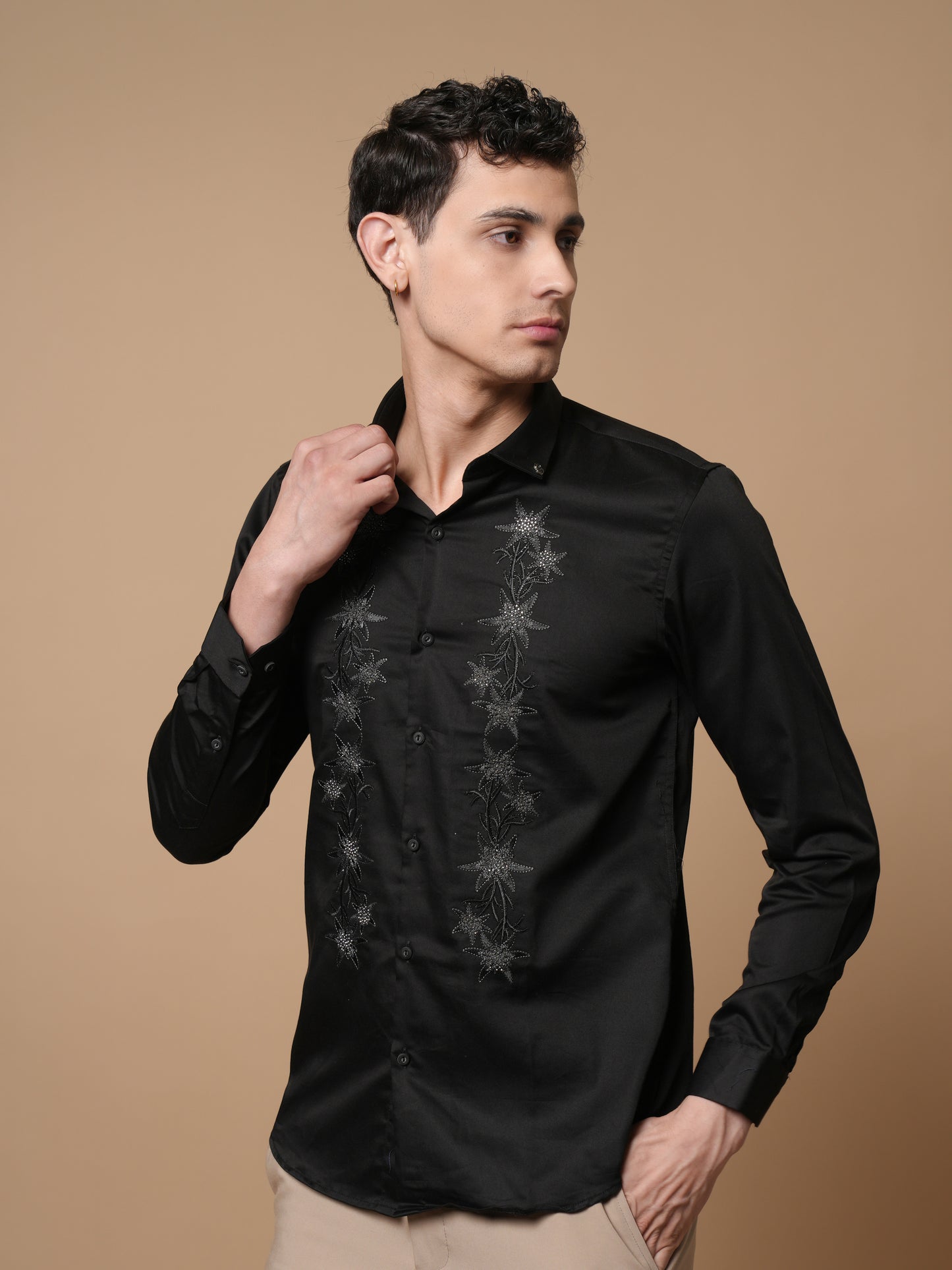Men’s Black Embroidered Front Panel Casual Shirt