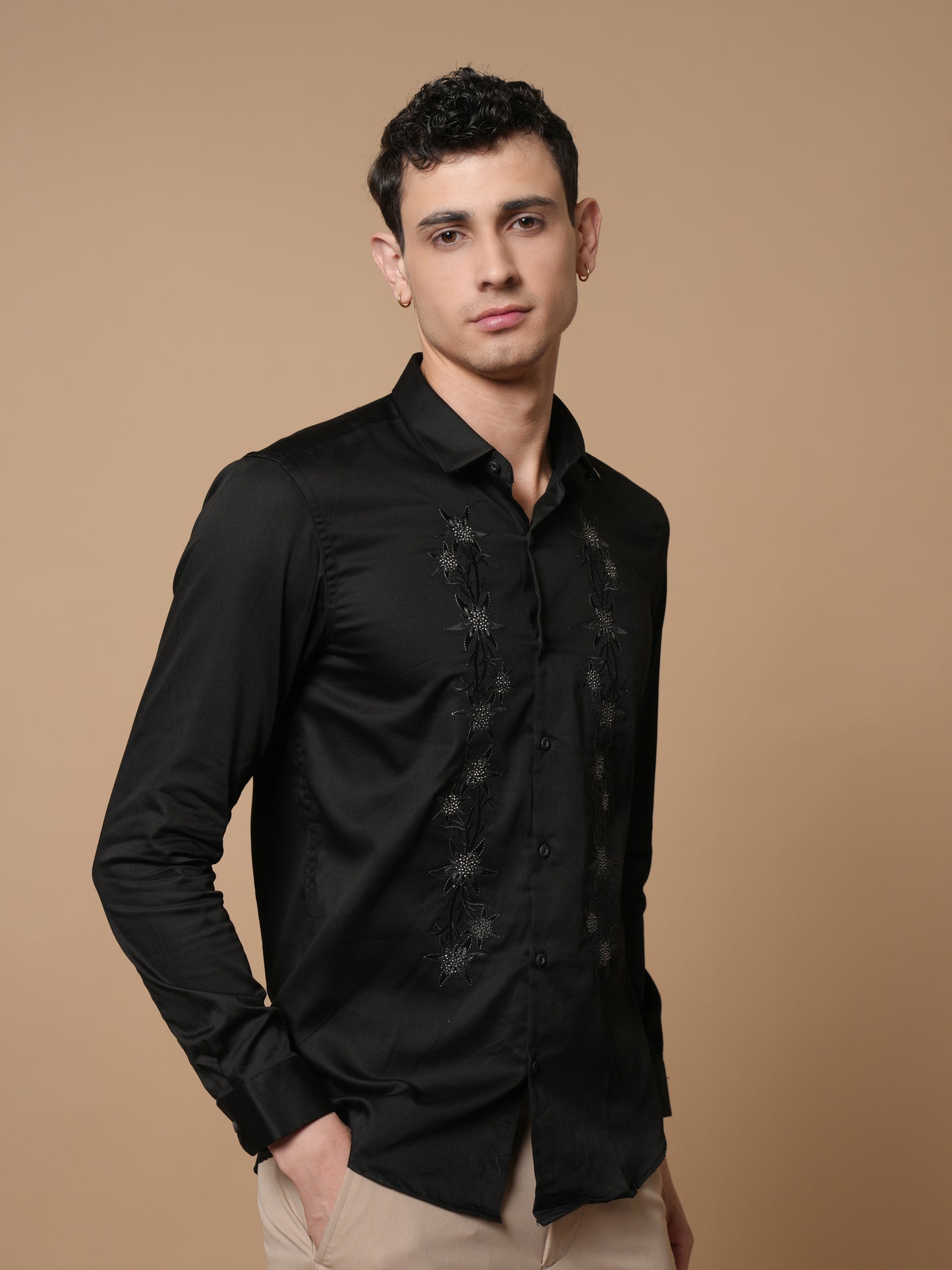 Men’s Black Embroidered Front Panel Casual Shirt