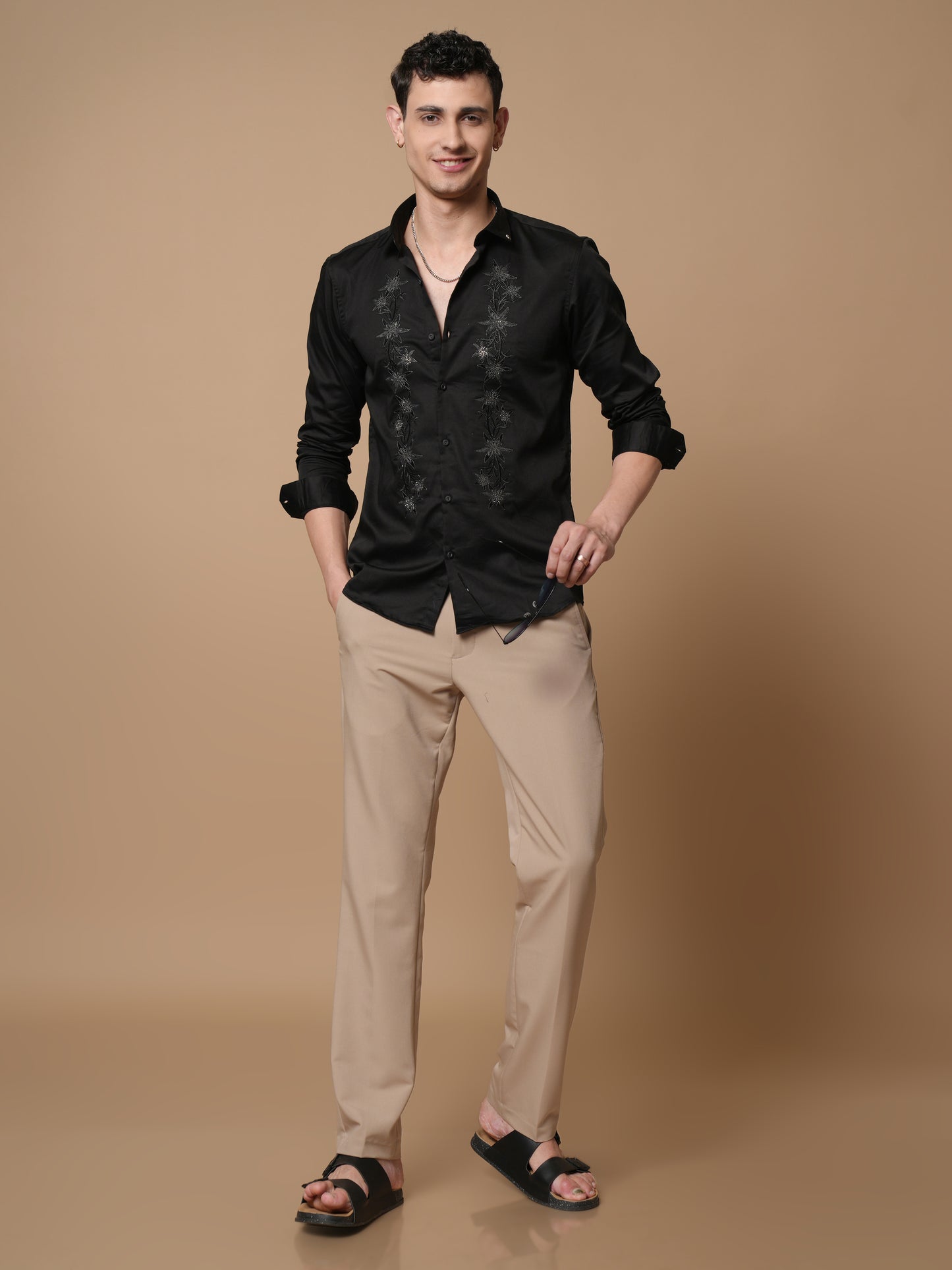 Men’s Black Embroidered Front Panel Casual Shirt