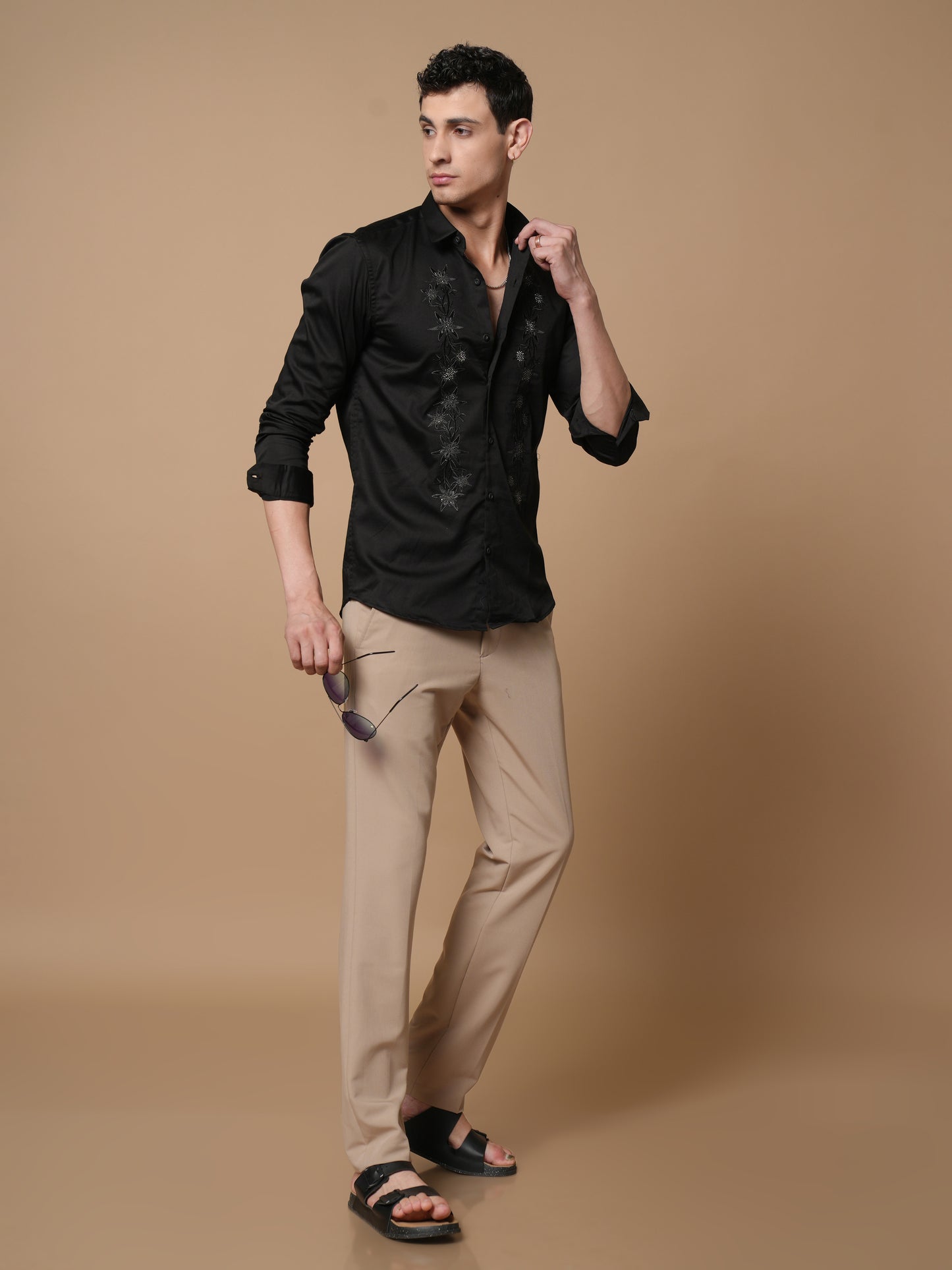 Men’s Black Embroidered Front Panel Casual Shirt