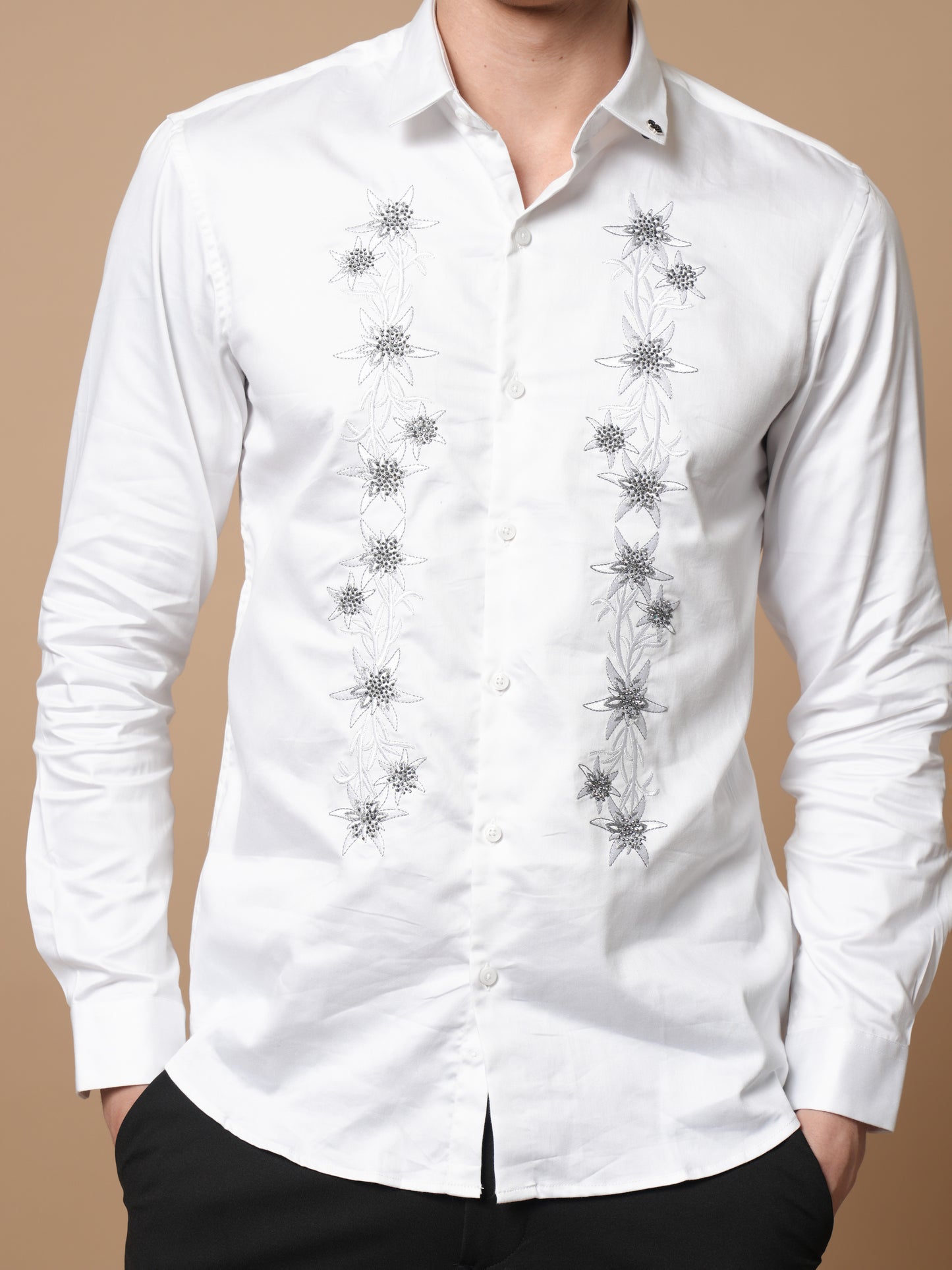 Men’s White Embroidered Front Panel Casual Shirt