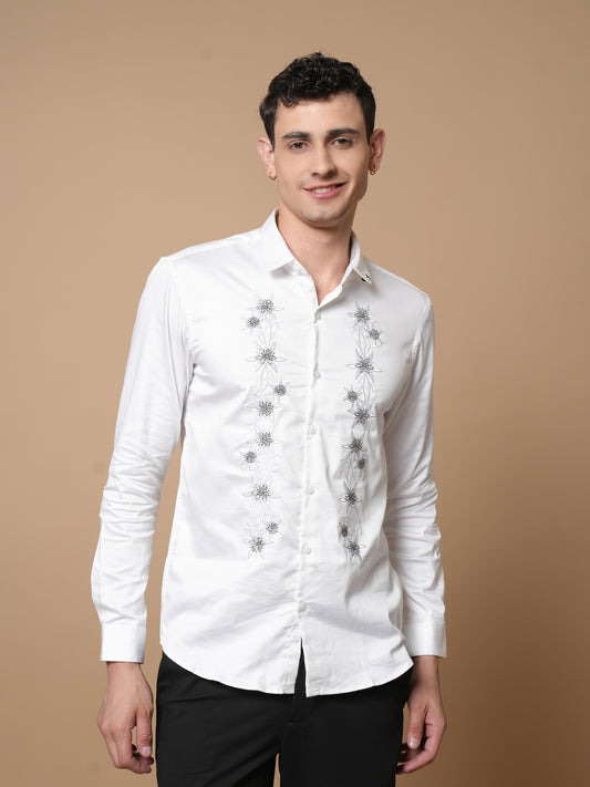 Men’s White Embroidered Front Panel Casual Shirt