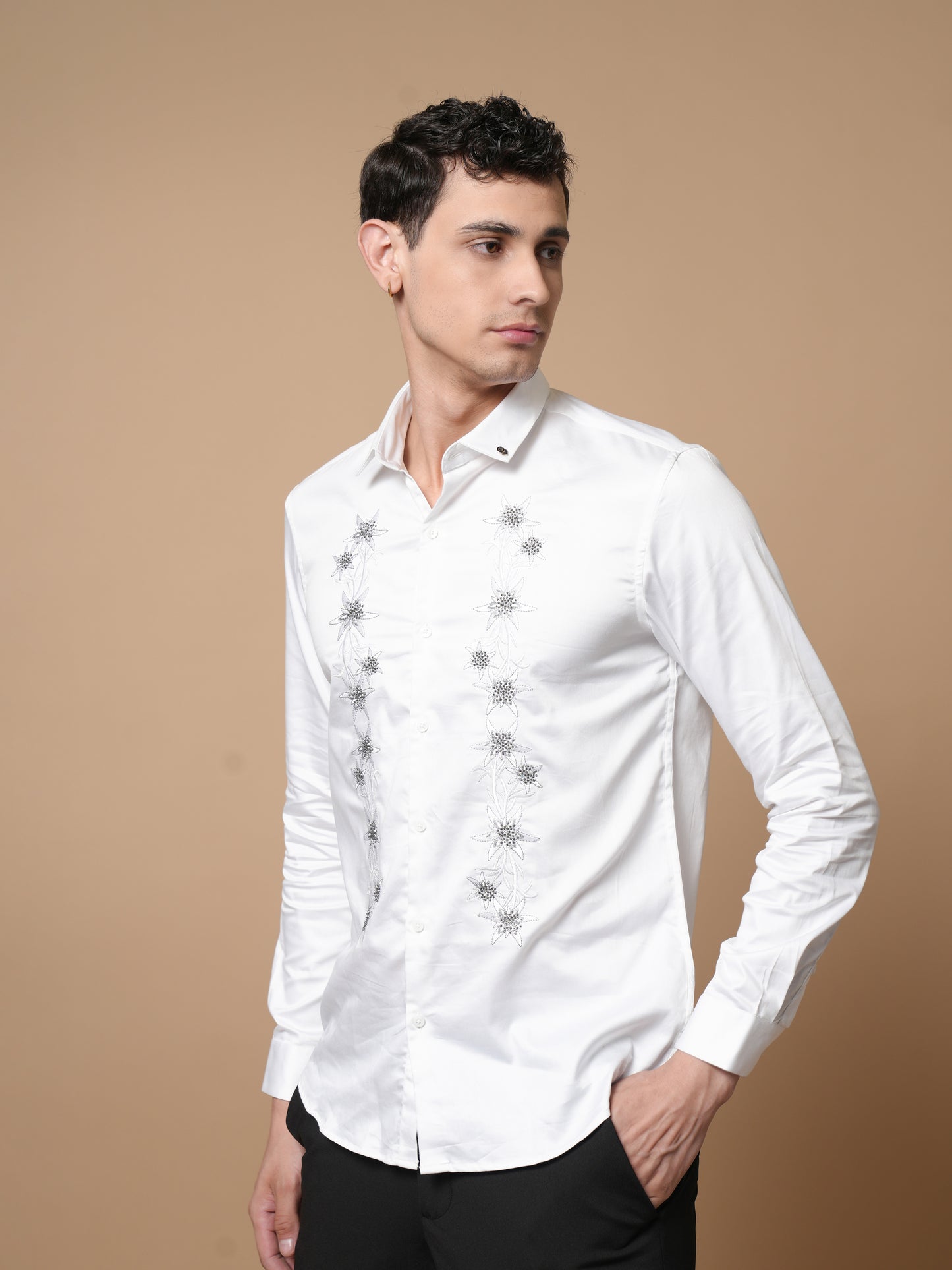 Men’s White Embroidered Front Panel Casual Shirt