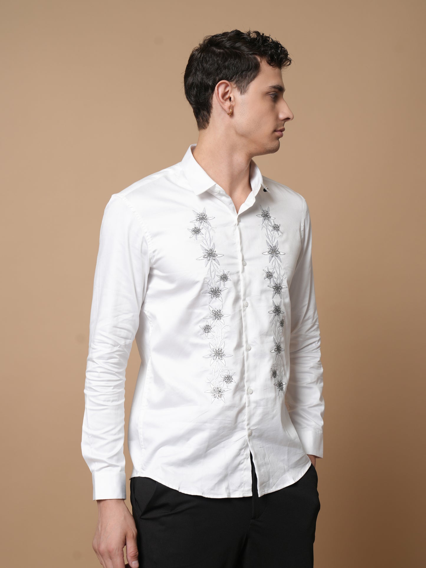 Men’s White Embroidered Front Panel Casual Shirt
