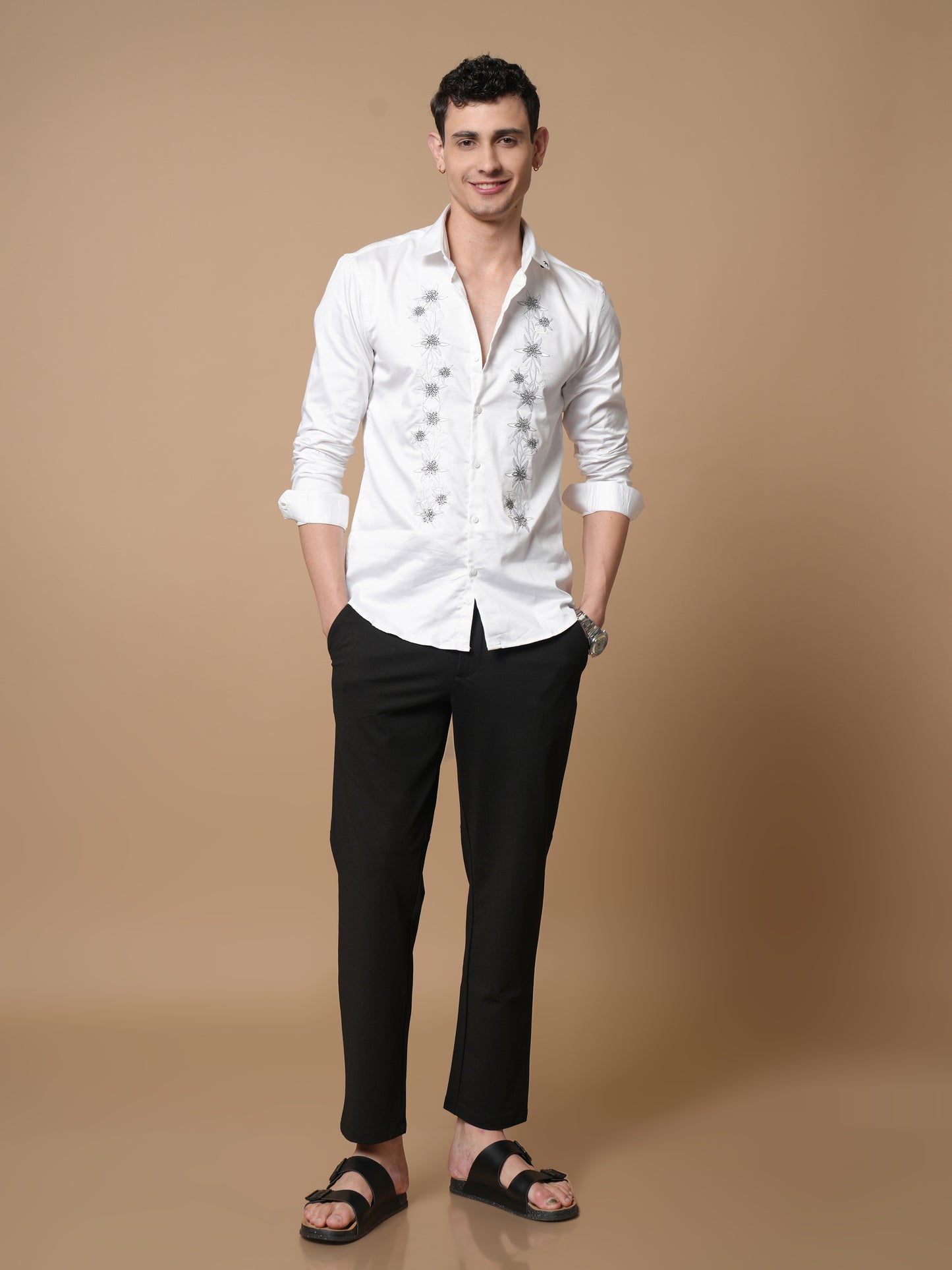 Men’s White Embroidered Front Panel Casual Shirt