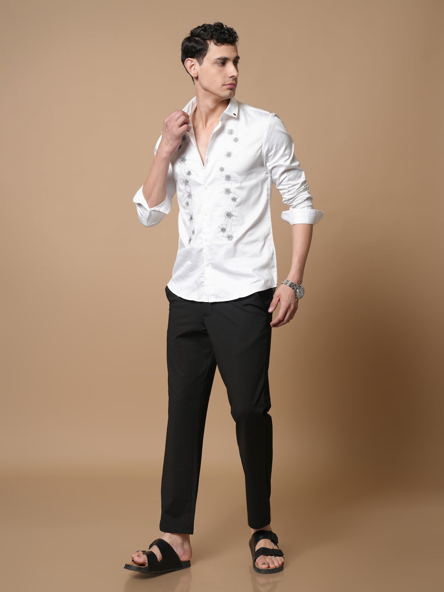Men’s White Embroidered Front Panel Casual Shirt