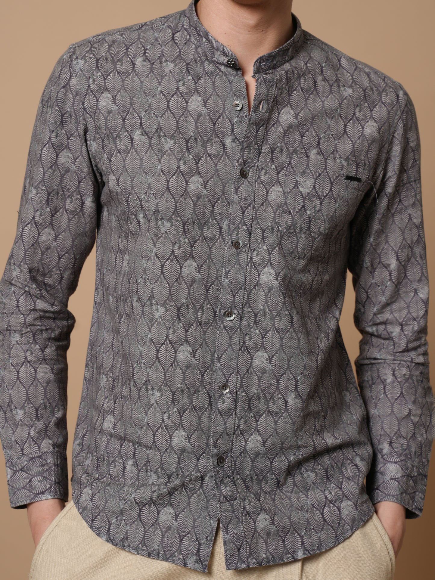 Men’s Grey Printed Mandarin Collar Casual Shirt