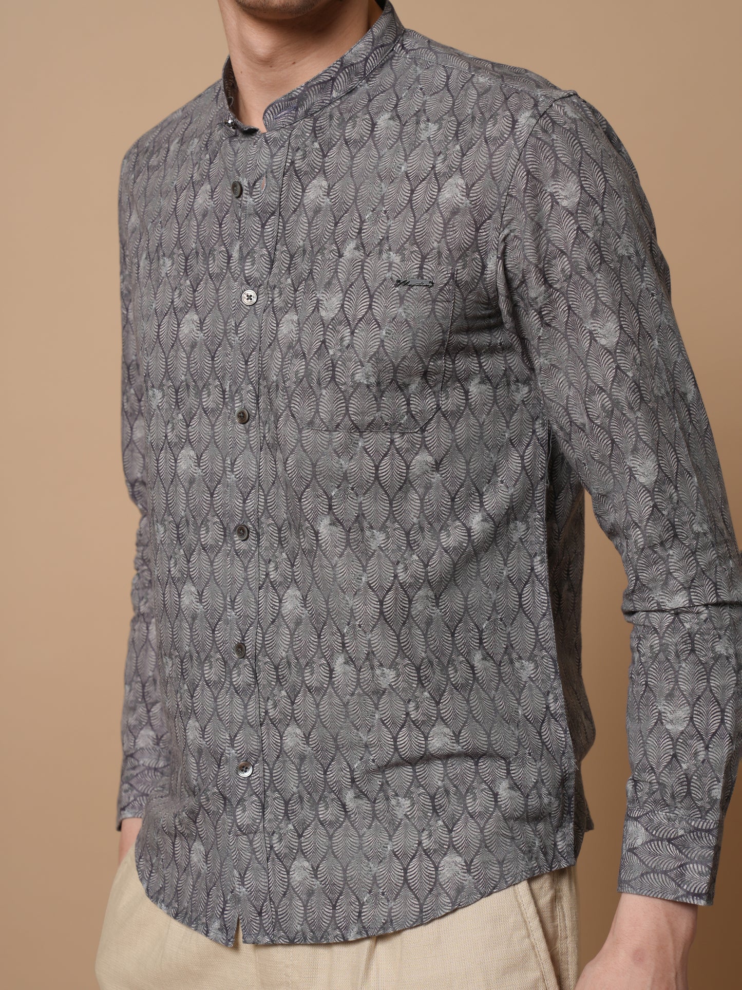 Men’s Grey Printed Mandarin Collar Casual Shirt