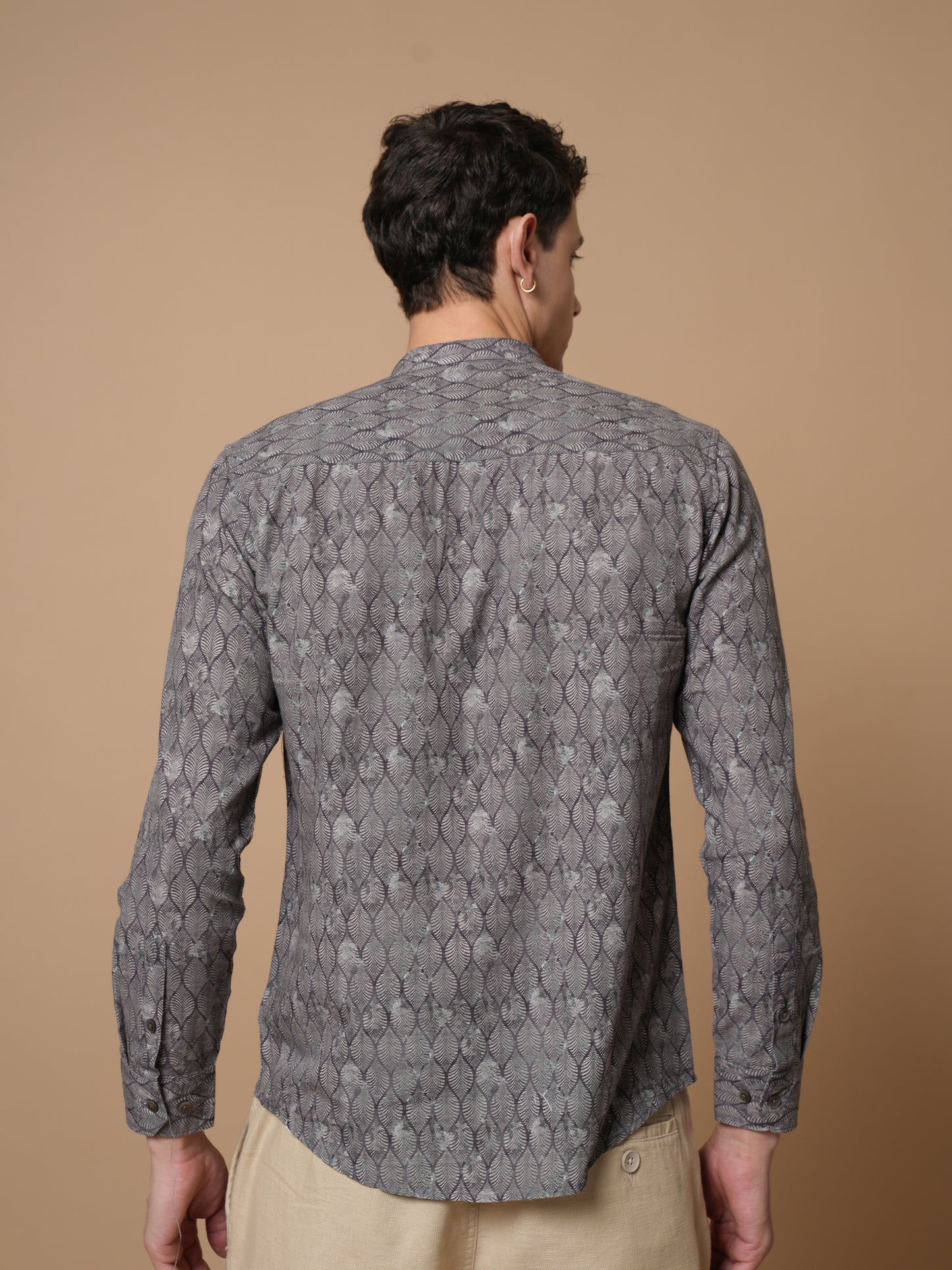 Men’s Grey Printed Mandarin Collar Casual Shirt