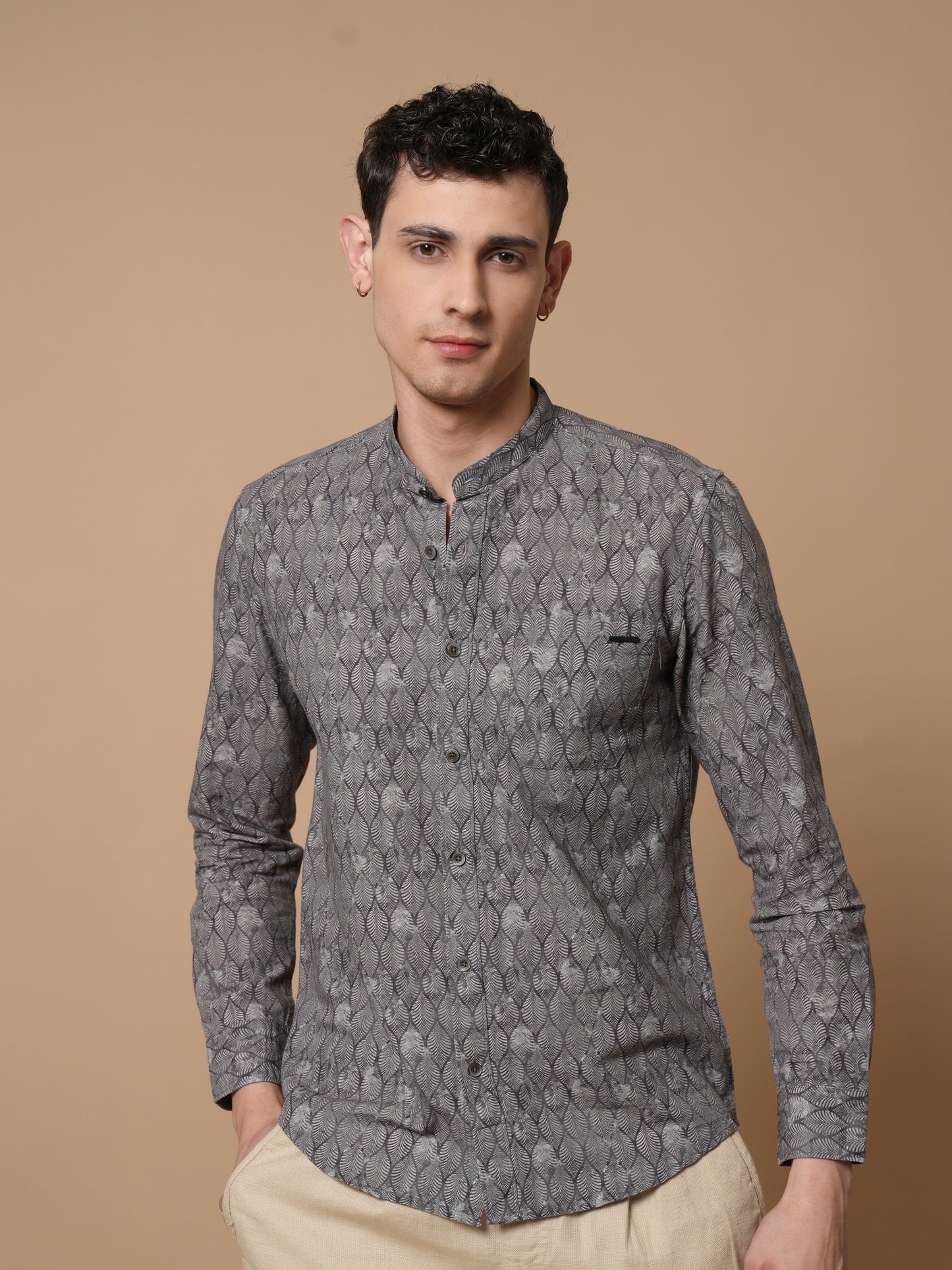 Men’s Grey Printed Mandarin Collar Casual Shirt