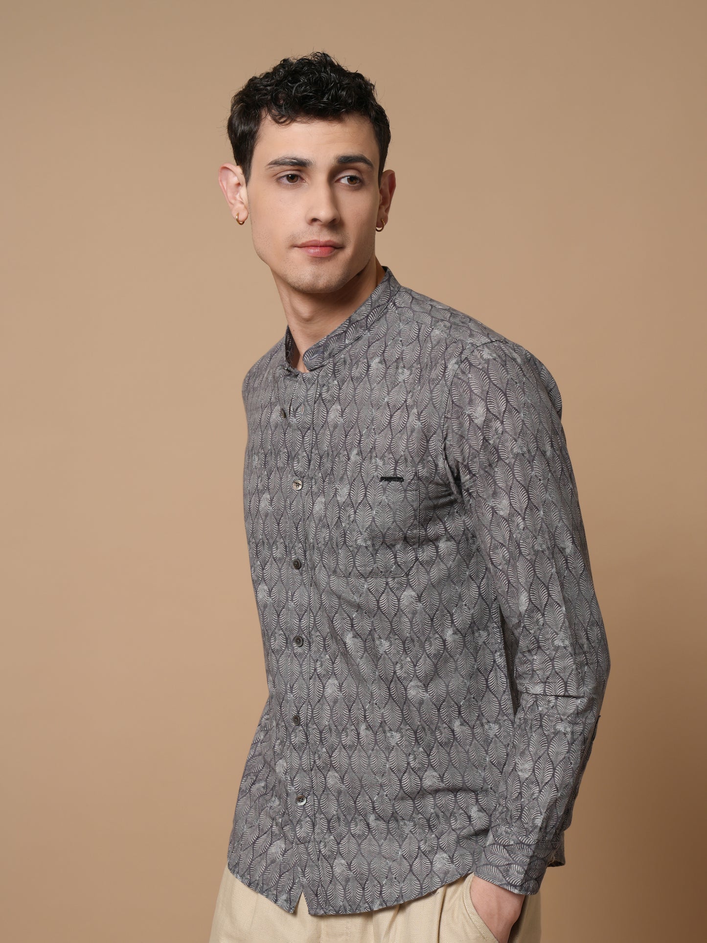 Men’s Grey Printed Mandarin Collar Casual Shirt