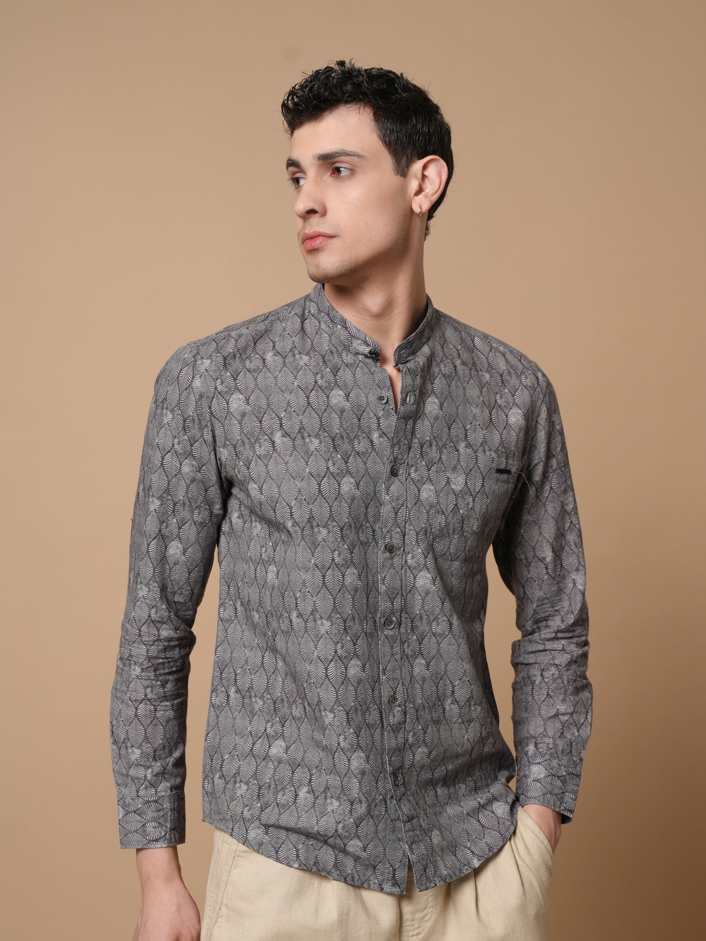 Men’s Grey Printed Mandarin Collar Casual Shirt