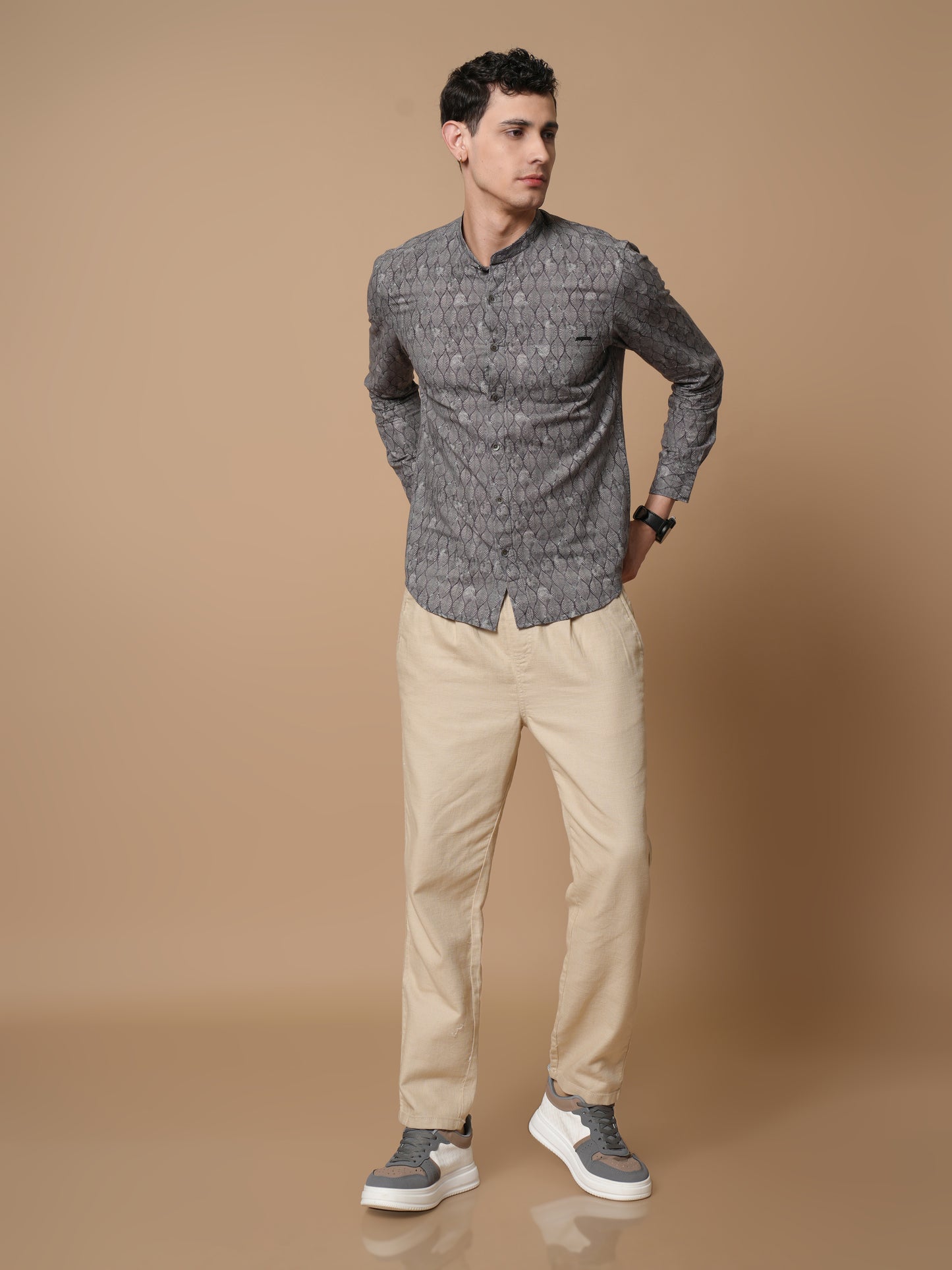 Men’s Grey Printed Mandarin Collar Casual Shirt