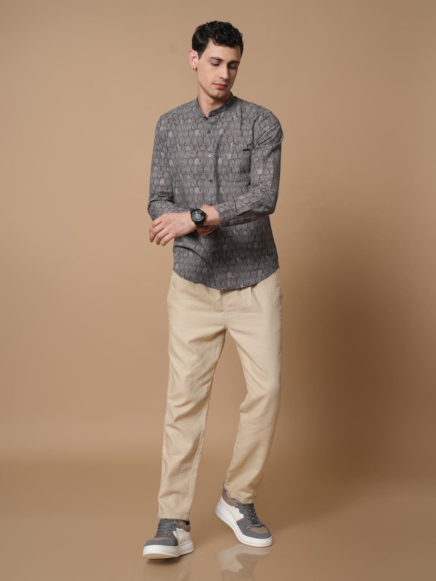 Men’s Grey Printed Mandarin Collar Casual Shirt