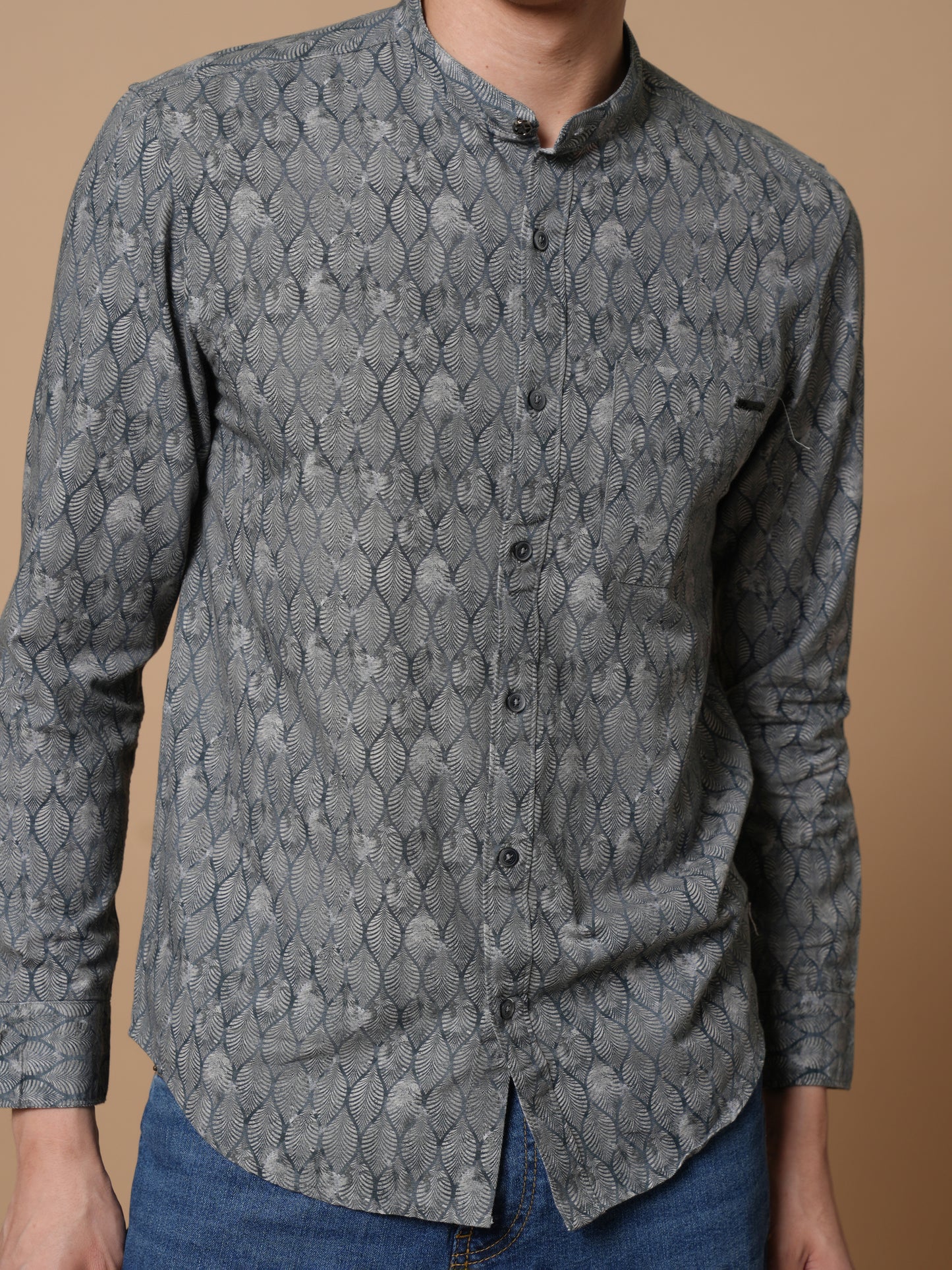 Men’s Grey Printed Mandarin Collar Casual Shirt