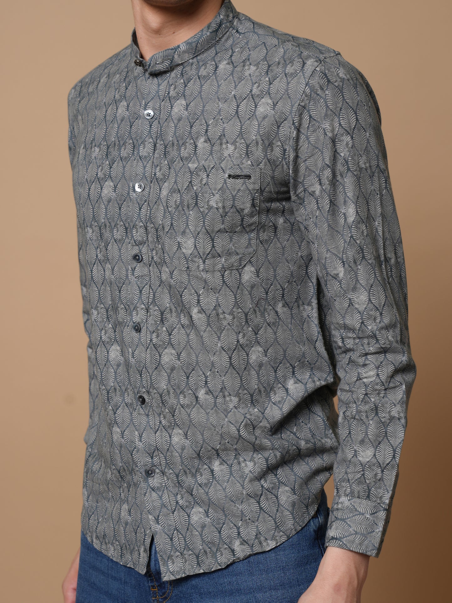 Men’s Grey Printed Mandarin Collar Casual Shirt
