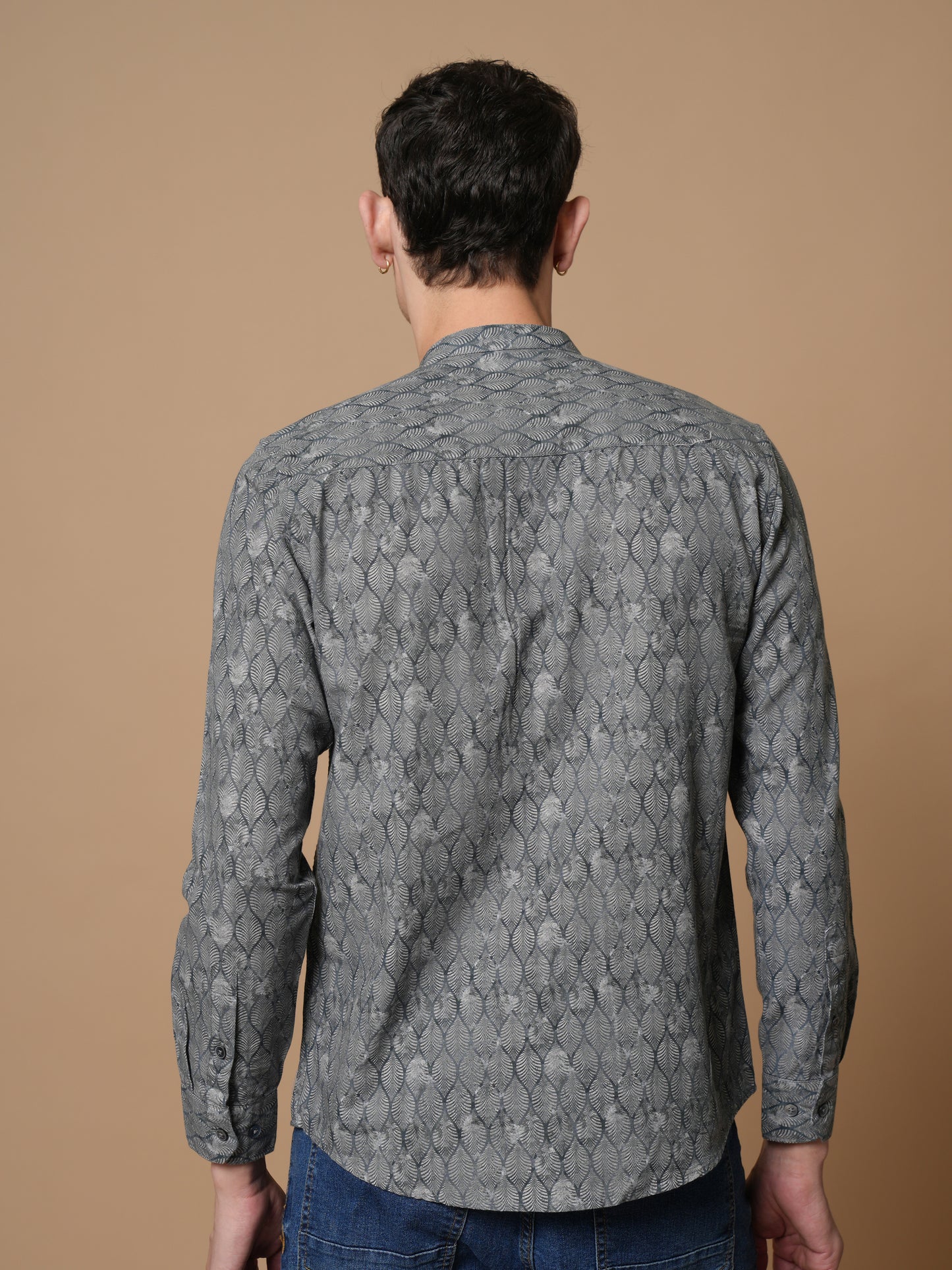 Men’s Grey Printed Mandarin Collar Casual Shirt
