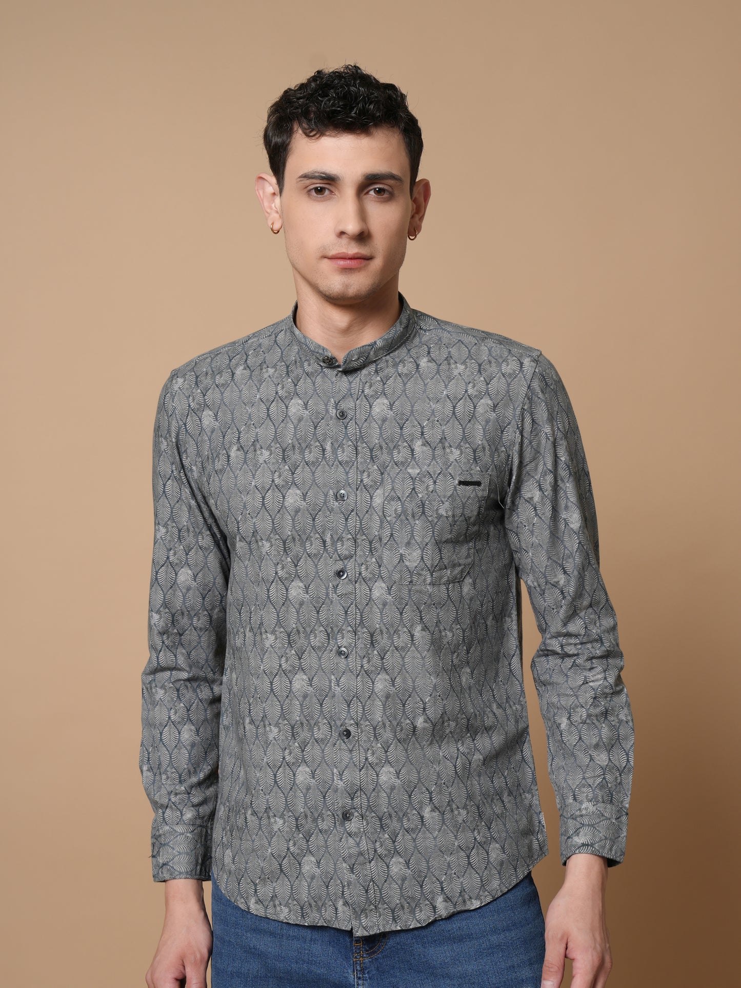 Men’s Grey Printed Mandarin Collar Casual Shirt