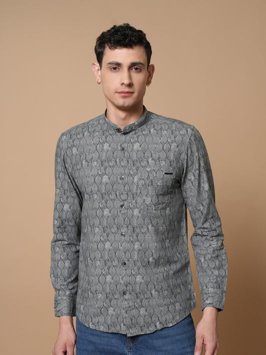 Men’s Grey Printed Mandarin Collar Casual Shirt