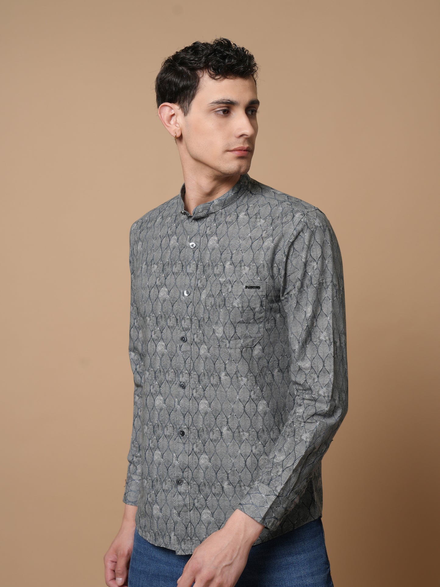Men’s Grey Printed Mandarin Collar Casual Shirt
