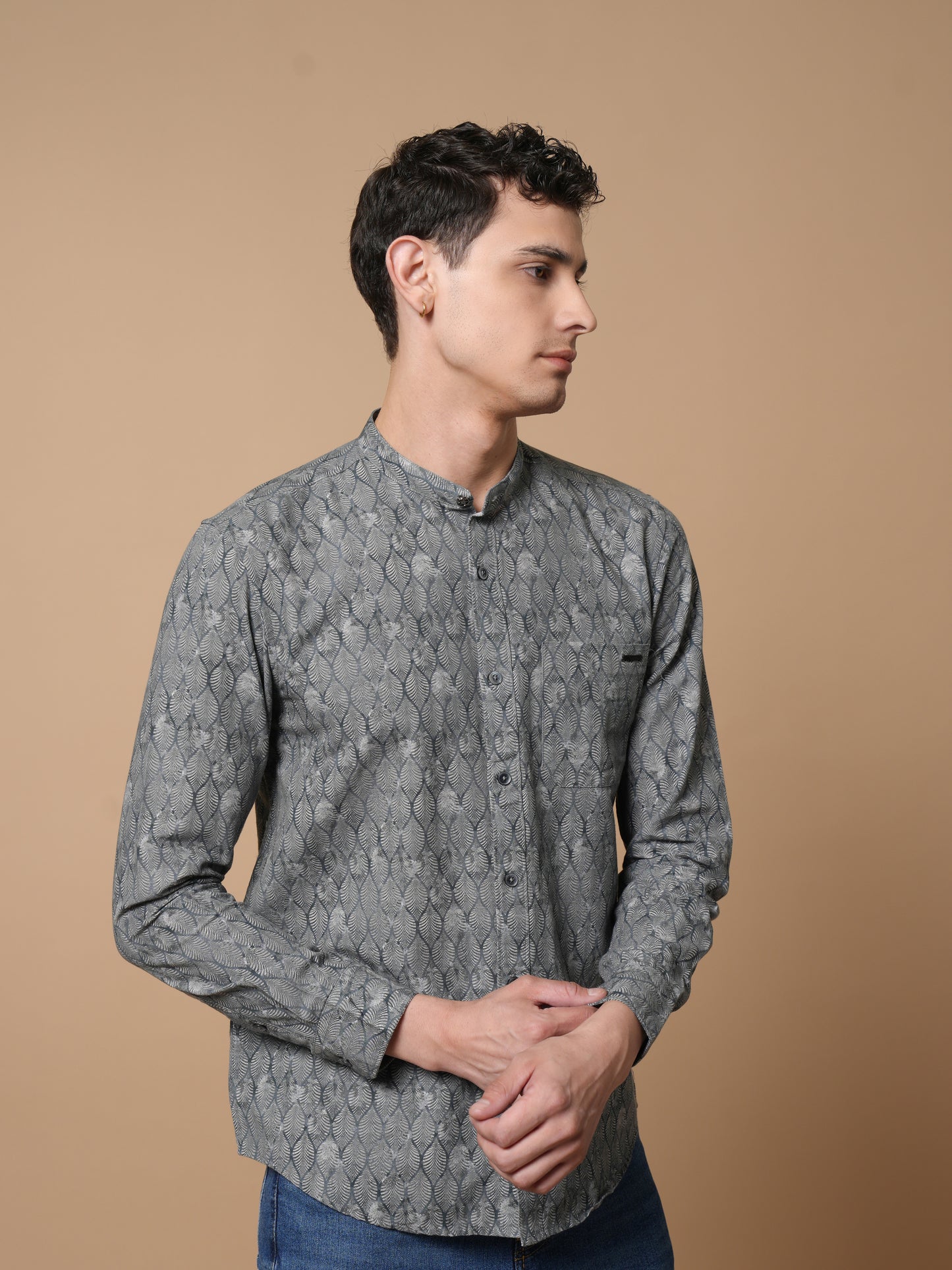 Men’s Grey Printed Mandarin Collar Casual Shirt