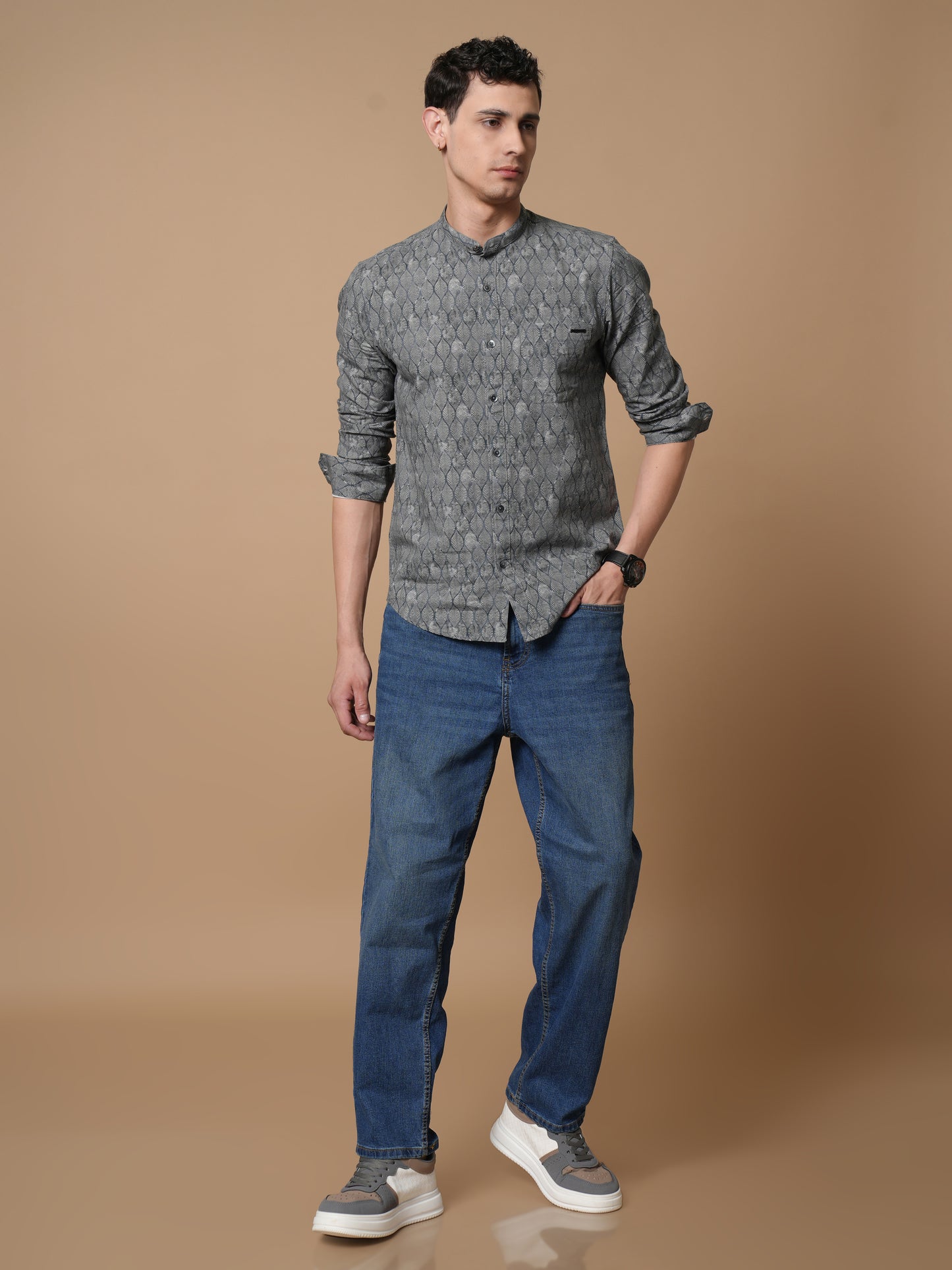 Men’s Grey Printed Mandarin Collar Casual Shirt