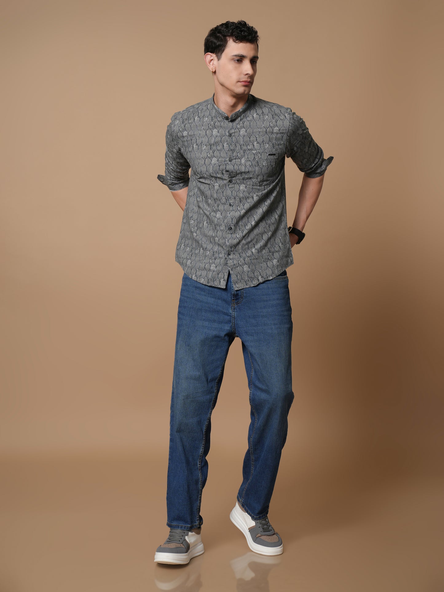 Men’s Grey Printed Mandarin Collar Casual Shirt