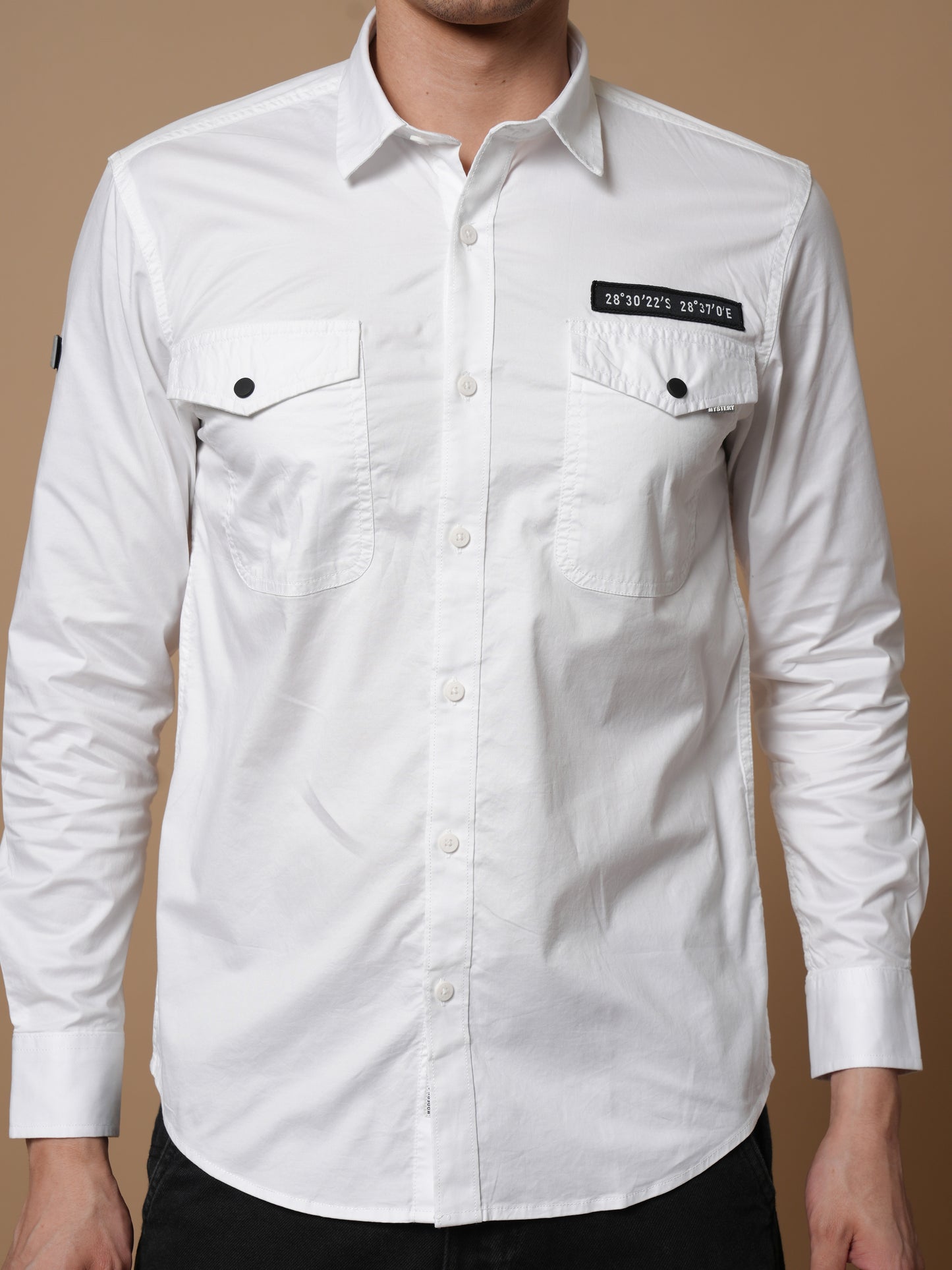 Men’s White Solid Utility Casual Shirt with Dual Pockets