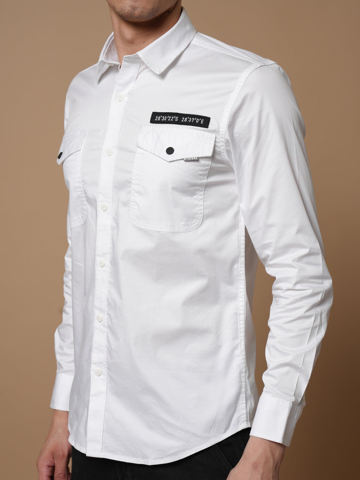 Men’s White Solid Utility Casual Shirt with Dual Pockets