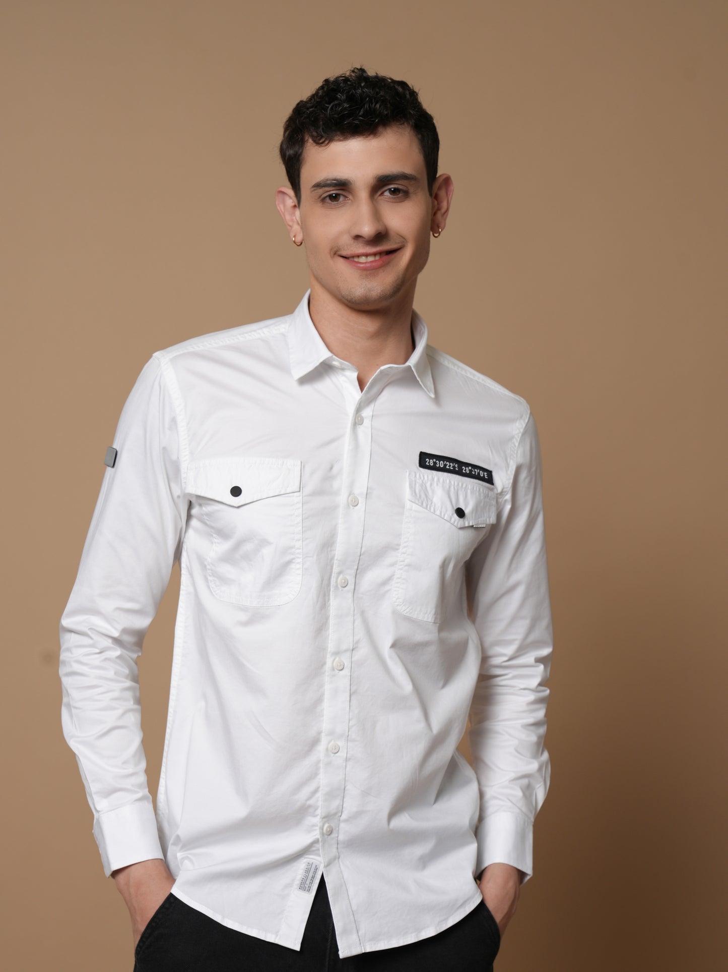 Men’s White Solid Utility Casual Shirt with Dual Pockets