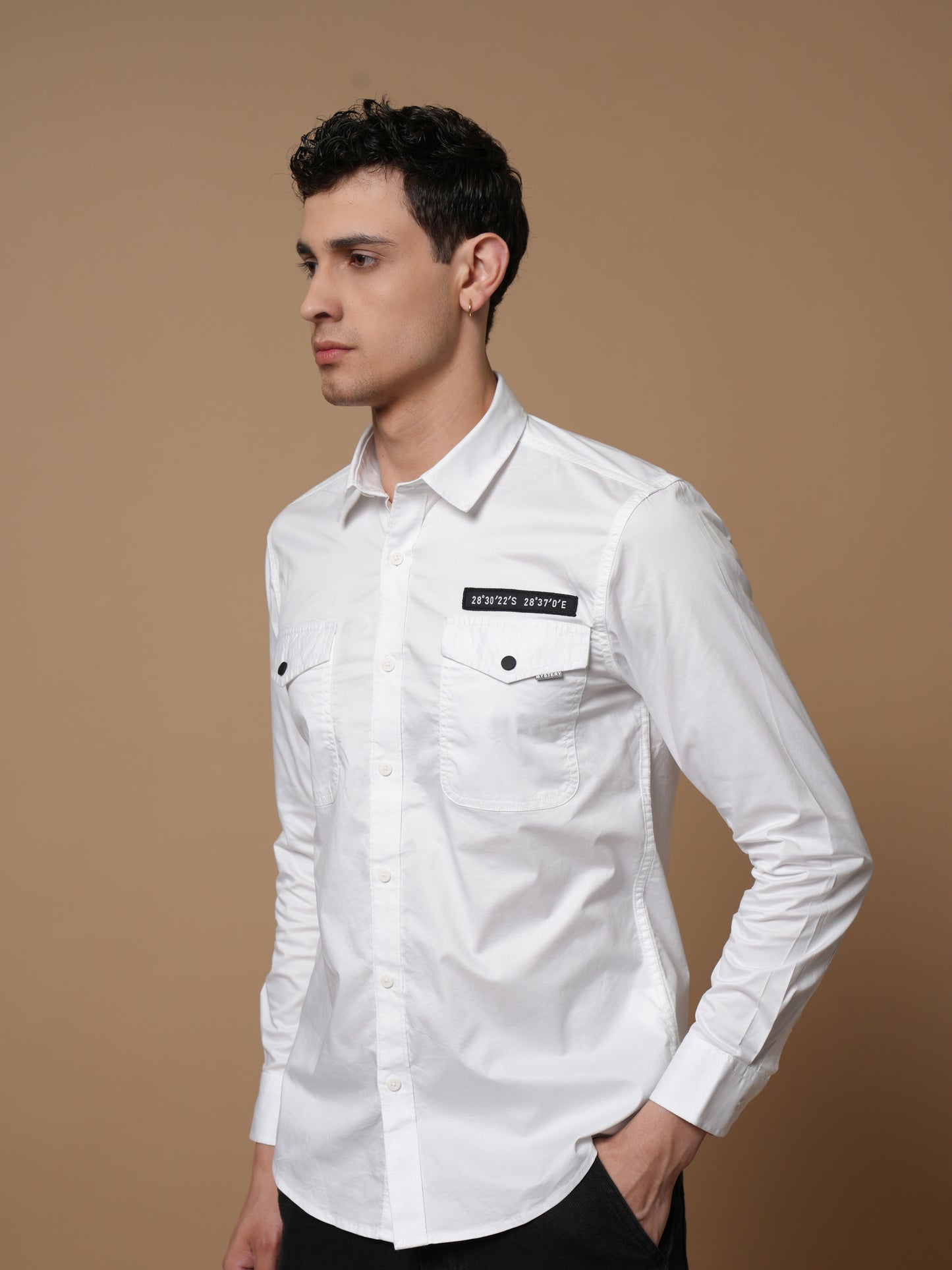 Men’s White Solid Utility Casual Shirt with Dual Pockets
