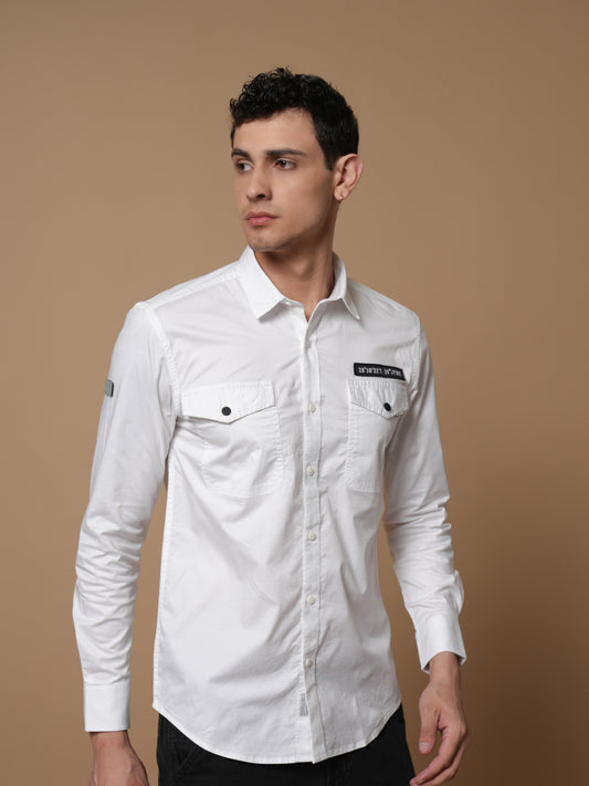 Men’s White Solid Utility Casual Shirt with Dual Pockets