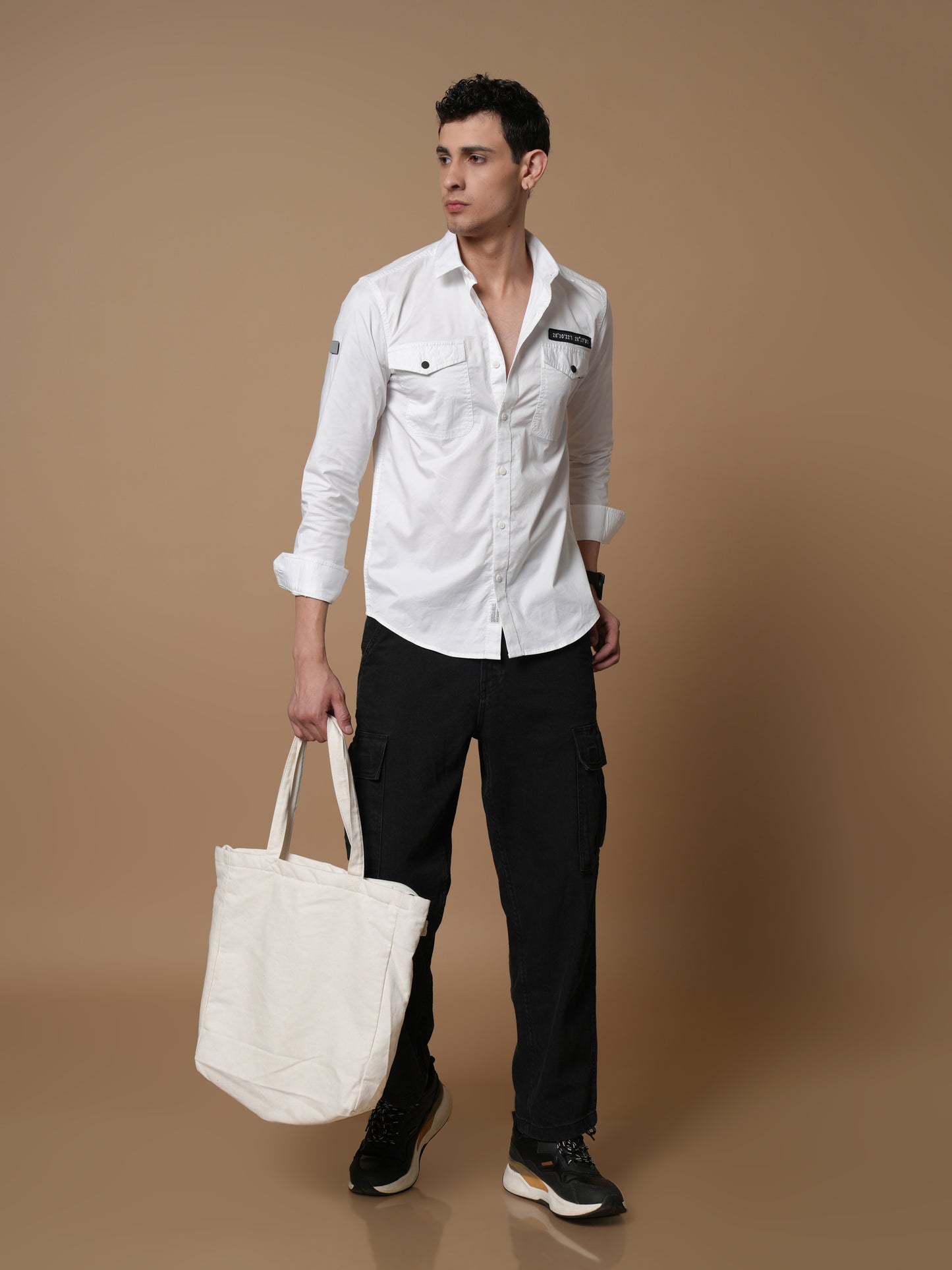 Men’s White Solid Utility Casual Shirt with Dual Pockets