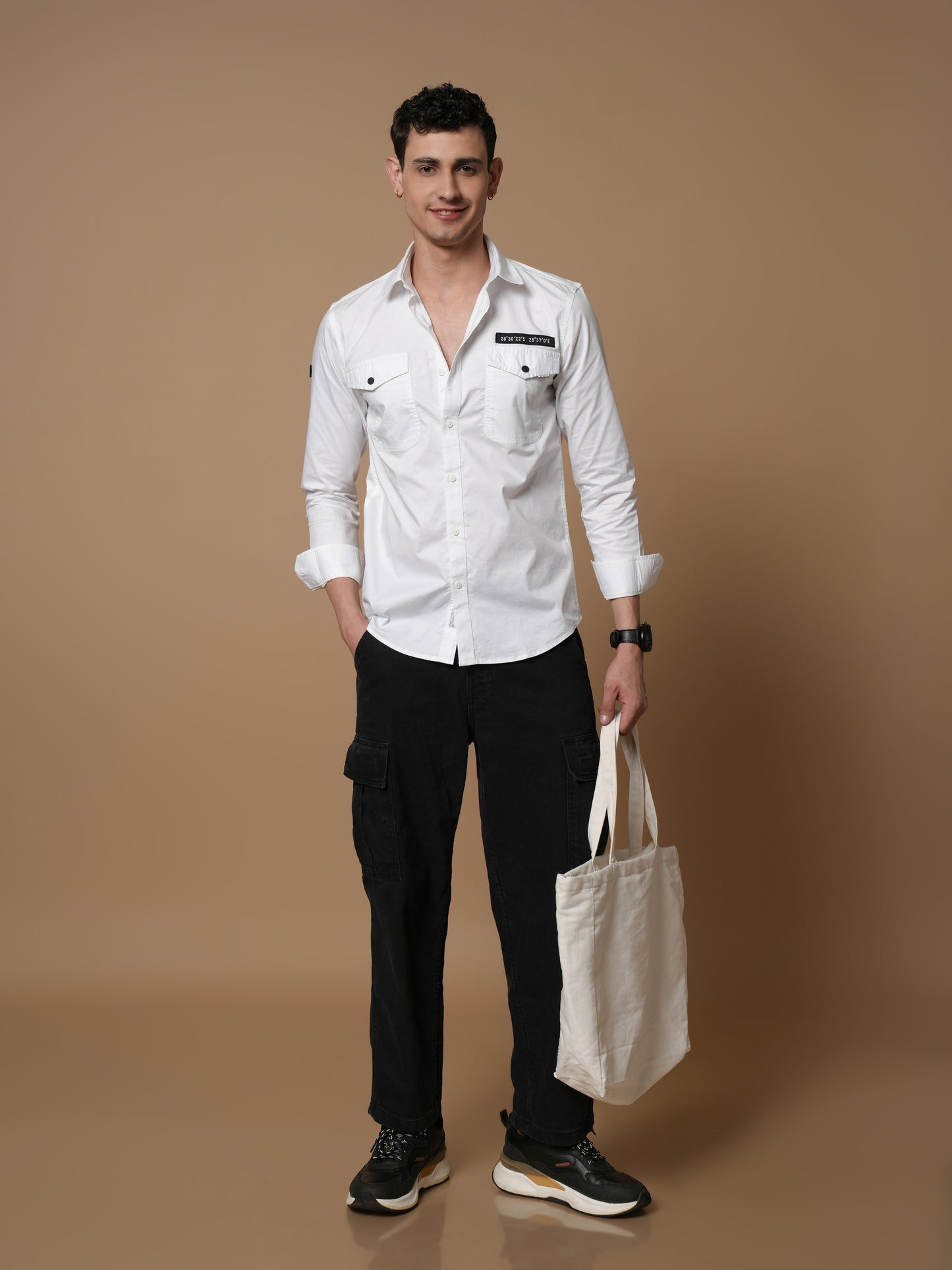 Men’s White Solid Utility Casual Shirt with Dual Pockets