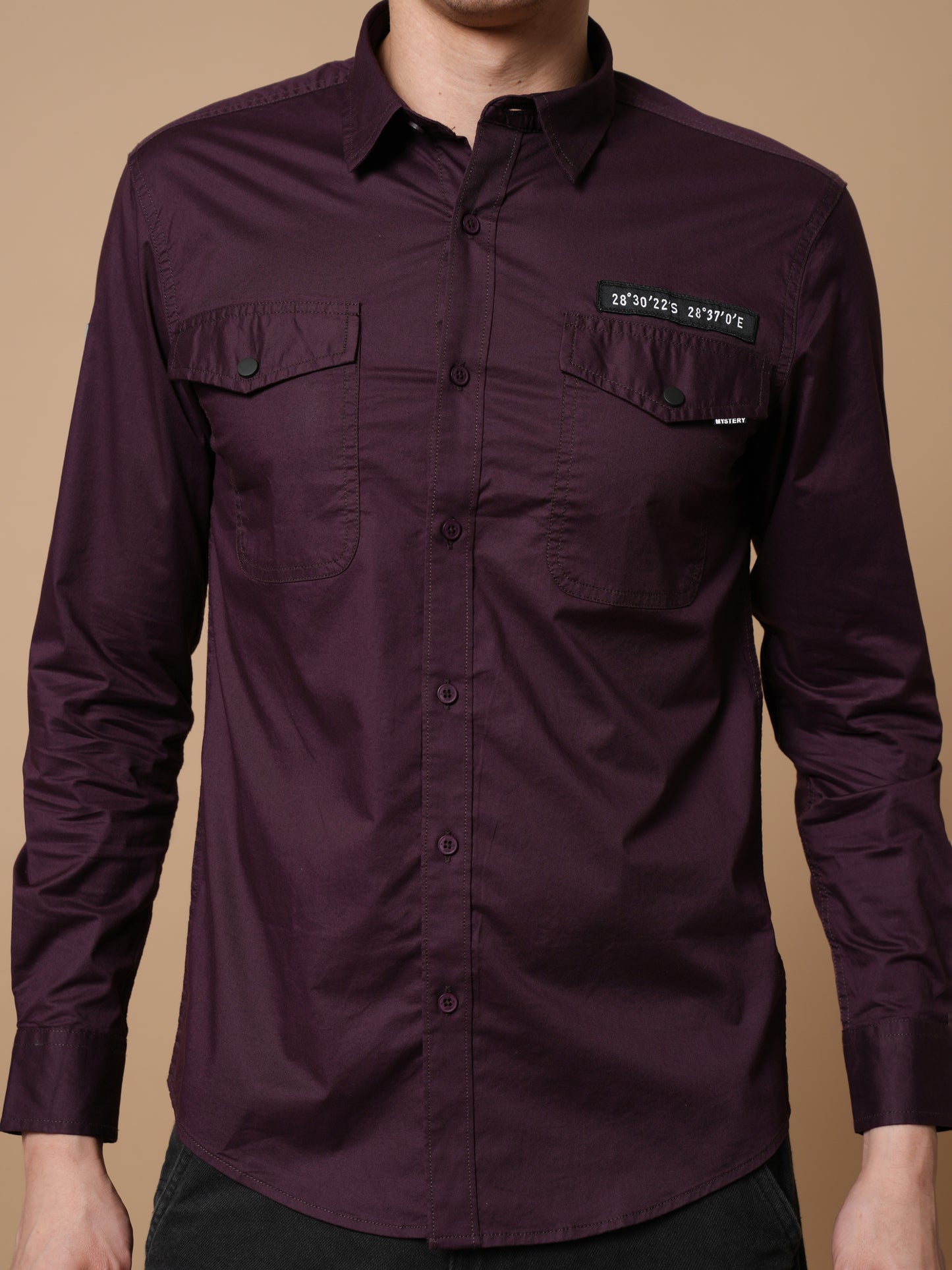 Men’s Wine Solid Utility Casual Shirt with Dual Pockets