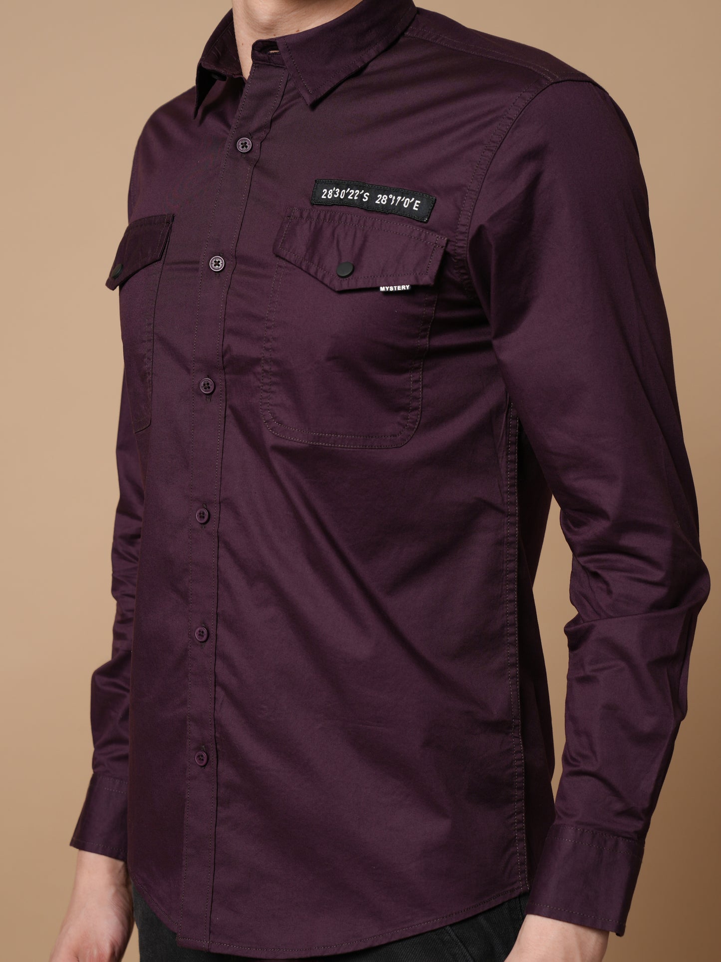 Men’s Wine Solid Utility Casual Shirt with Dual Pockets