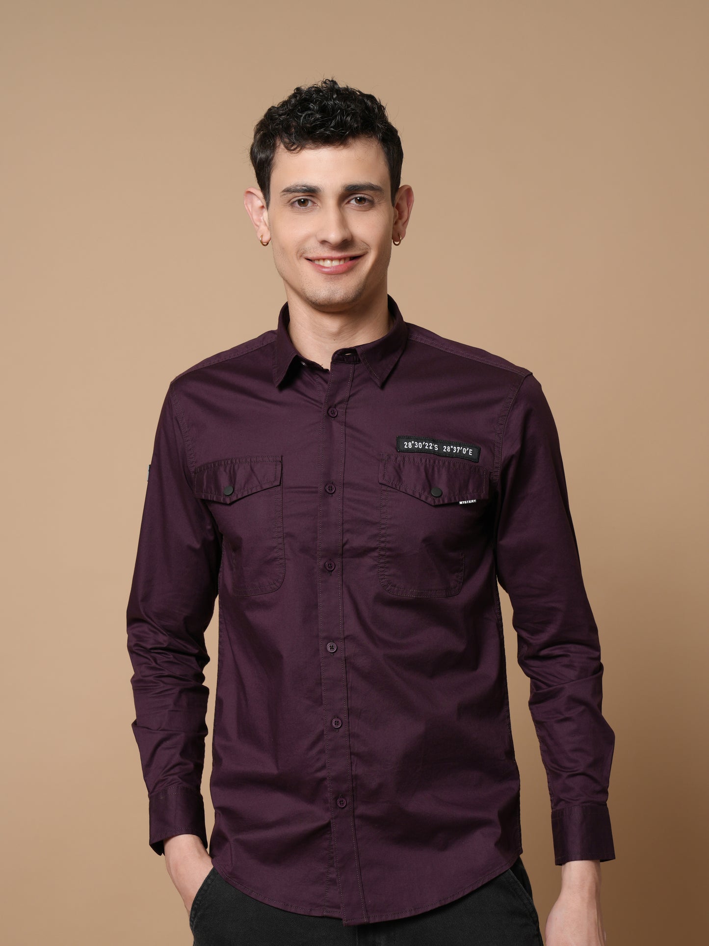 Men’s Wine Solid Utility Casual Shirt with Dual Pockets