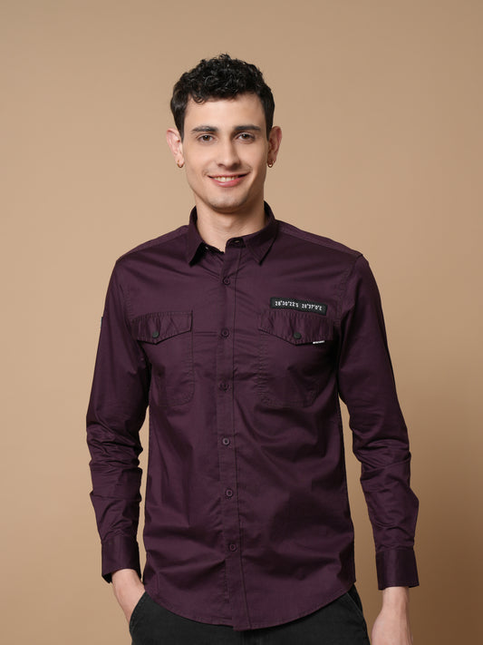 Men’s Wine Solid Utility Casual Shirt with Dual Pockets
