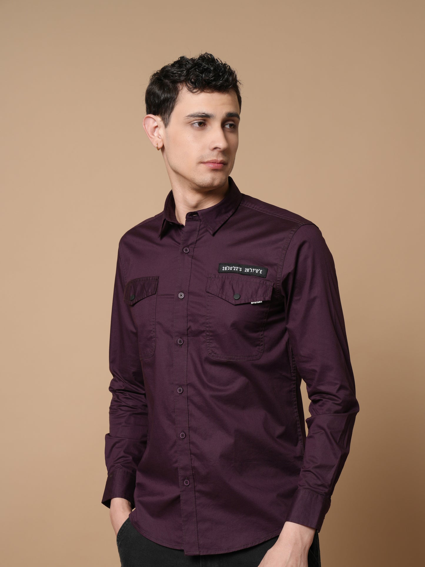 Men’s Wine Solid Utility Casual Shirt with Dual Pockets