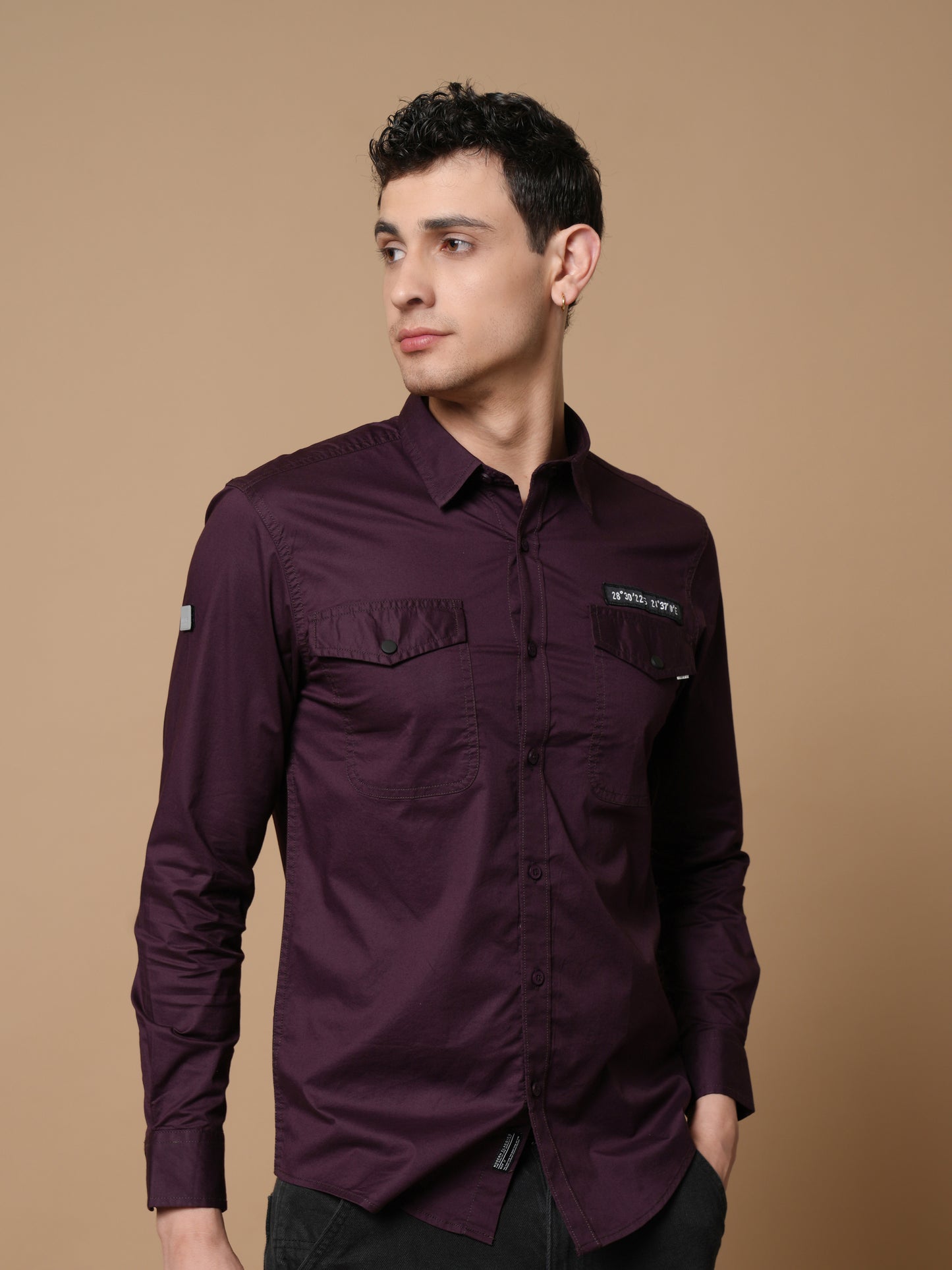 Men’s Wine Solid Utility Casual Shirt with Dual Pockets