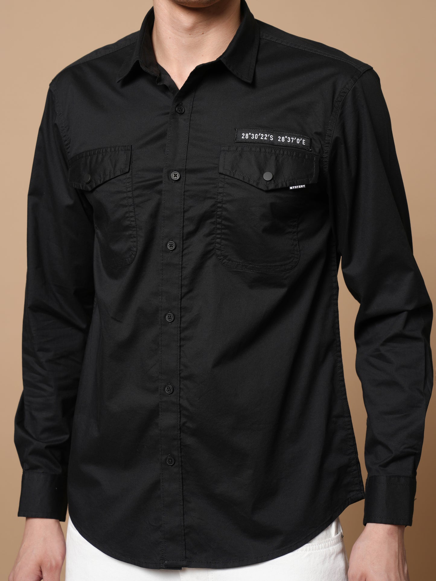Men’s Black Solid Utility Casual Shirt with Dual Pockets