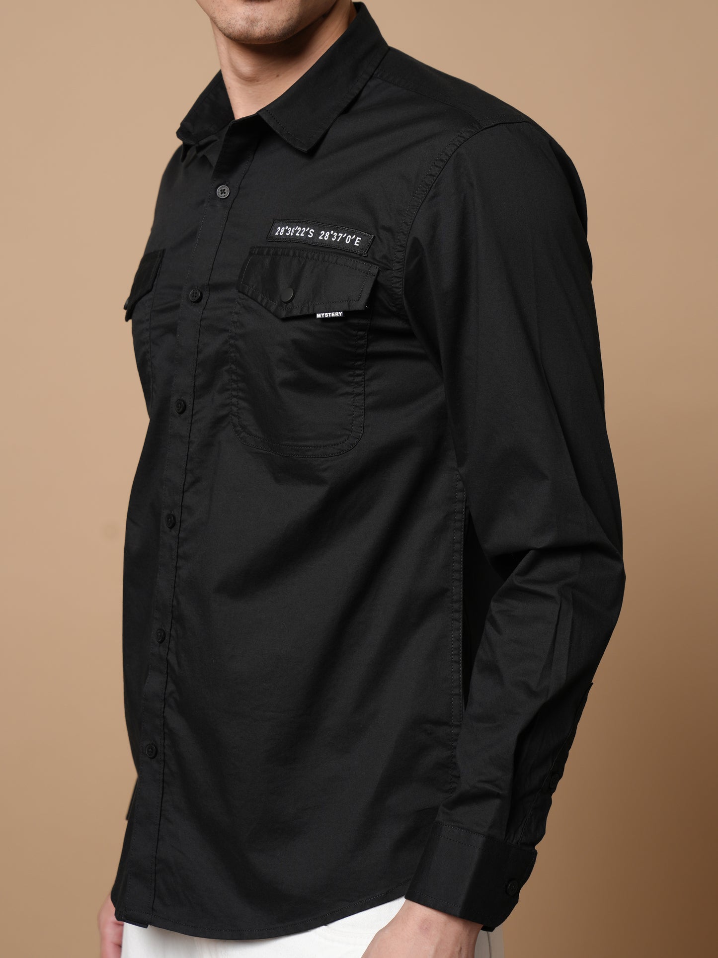 Men’s Black Solid Utility Casual Shirt with Dual Pockets