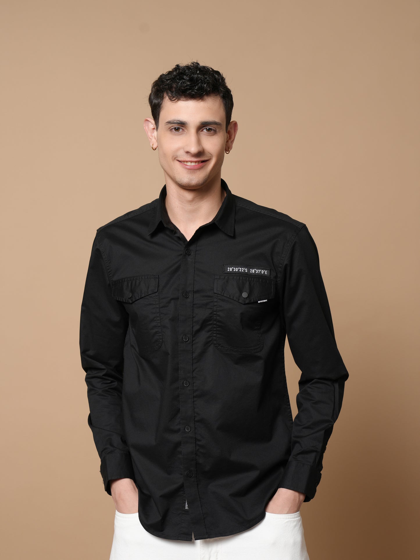 Men’s Black Solid Utility Casual Shirt with Dual Pockets
